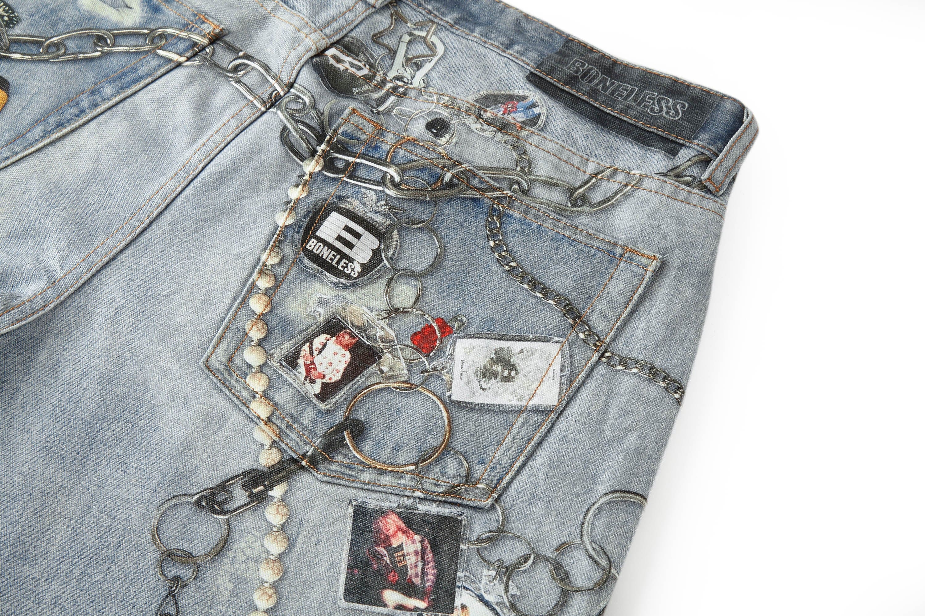 BONELESS Retro Chain Graphic Washed Jeans