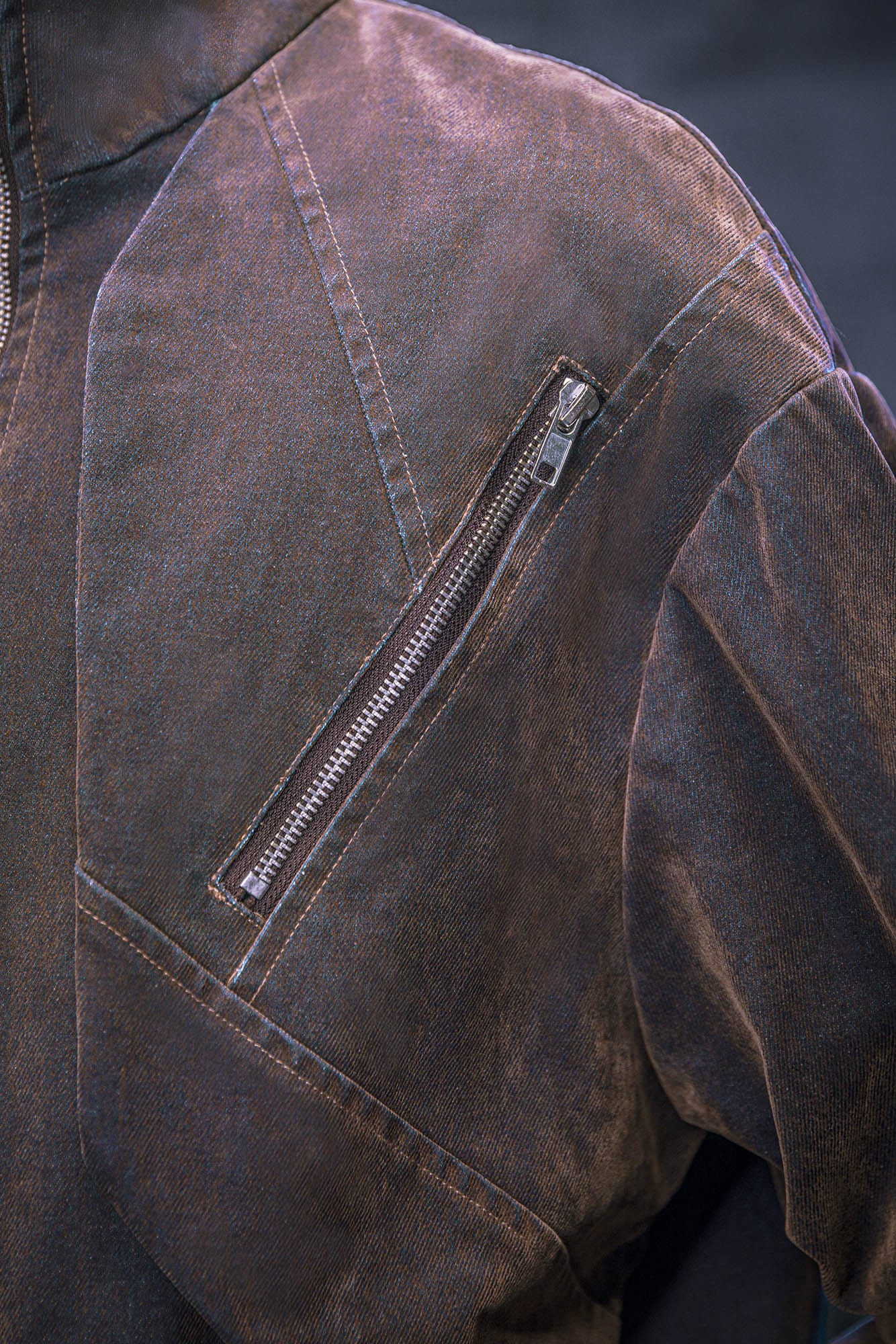 XIPHEVIL Mech Deconstructed Washed Denim Jacket Brown