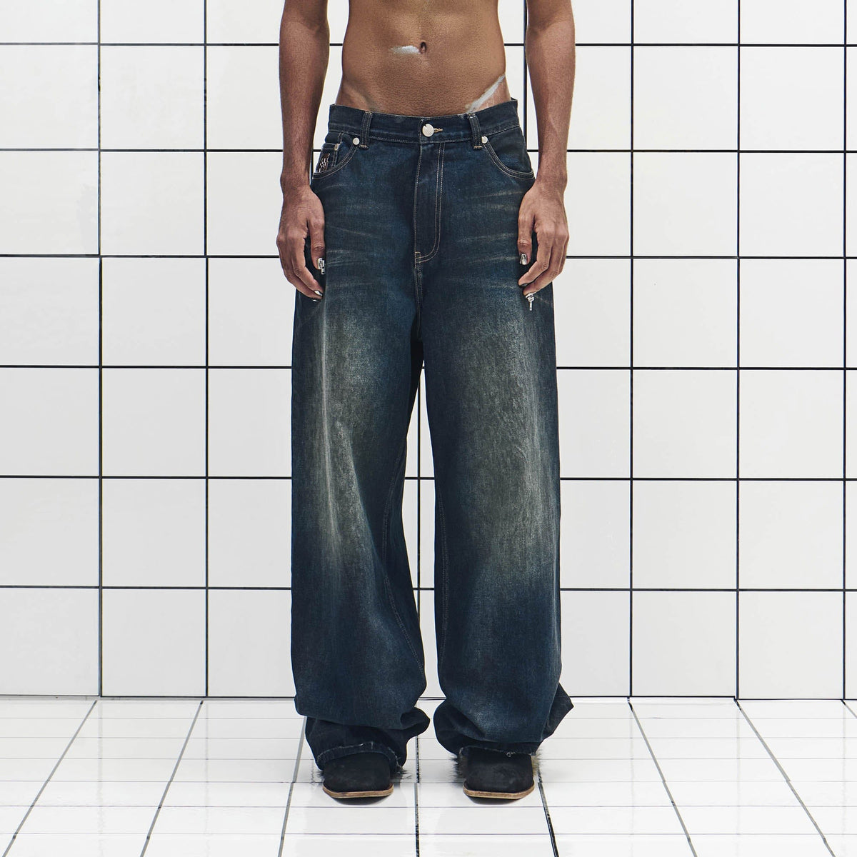 455EMBLE Washed PU-Pocket Baggy Jeans