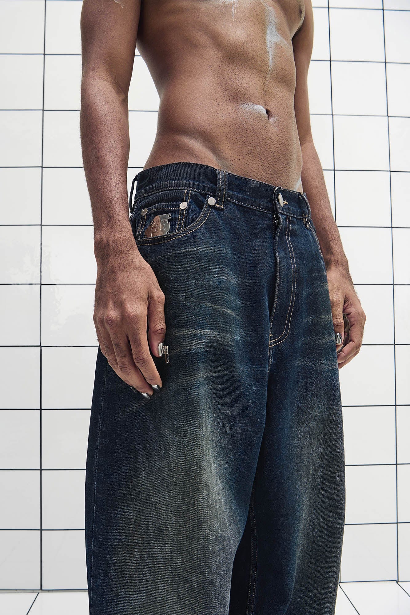 455EMBLE Washed PU-Pocket Baggy Jeans
