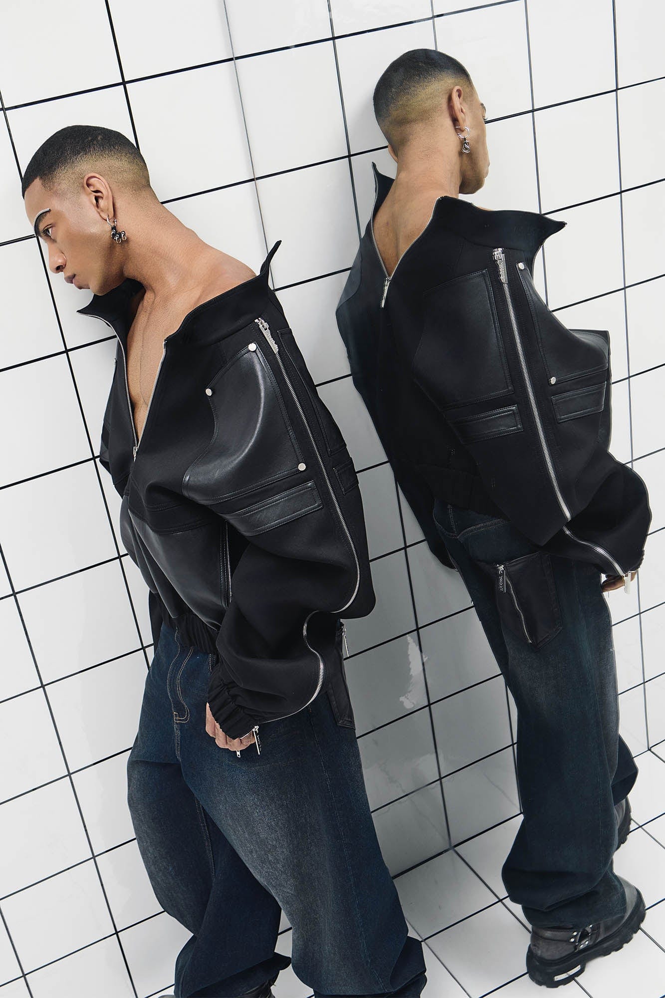 455EMBLE Faux Leather Spliced Multi-Zip Stand Collar Jacket
