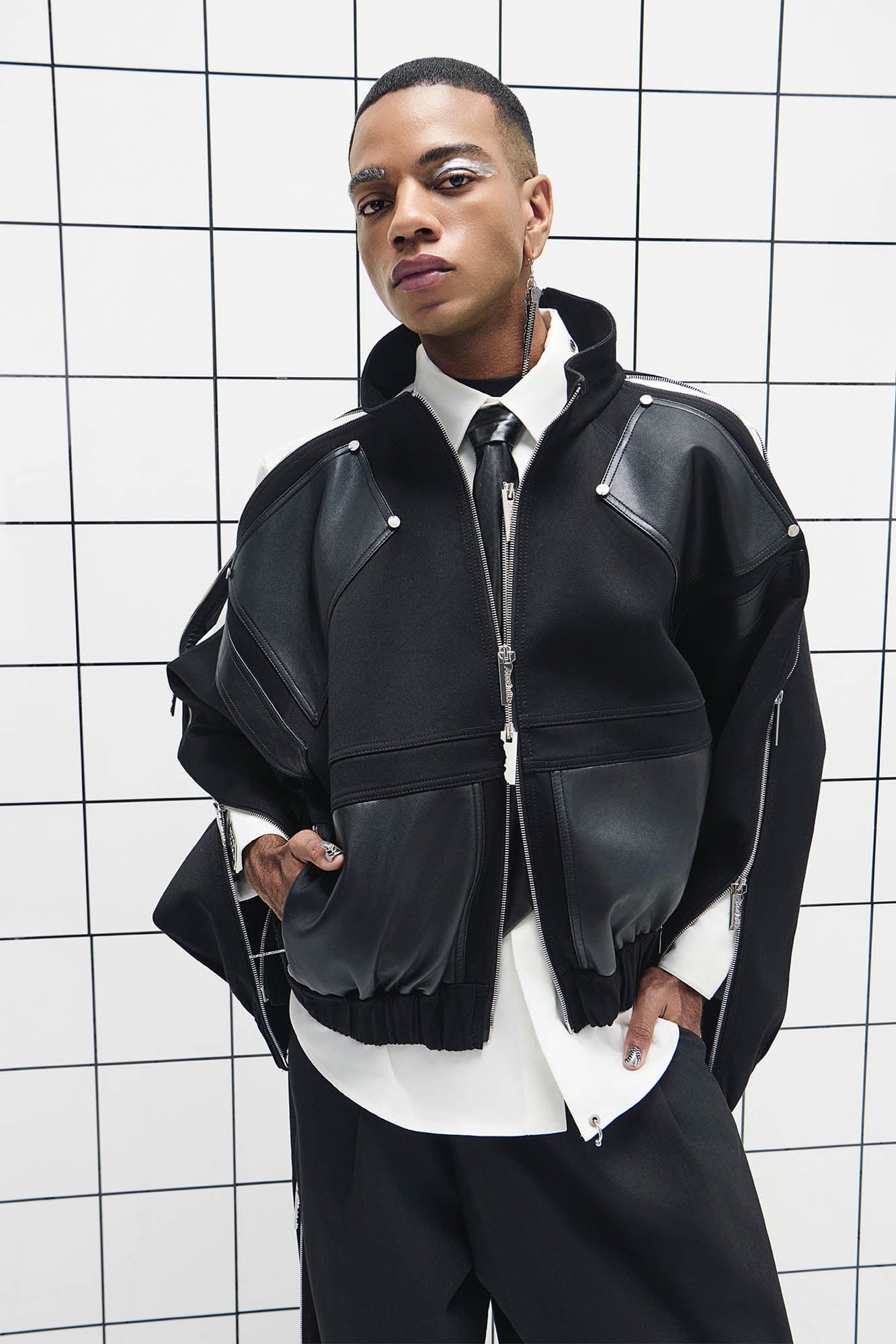 455EMBLE Faux Leather Spliced Multi-Zip Stand Collar Jacket
