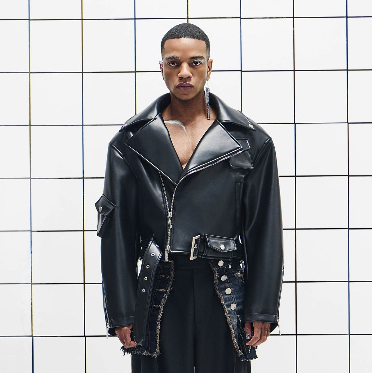 455EMBLE Asymmetrical Back-Zip Cropped PU Biker Jacket