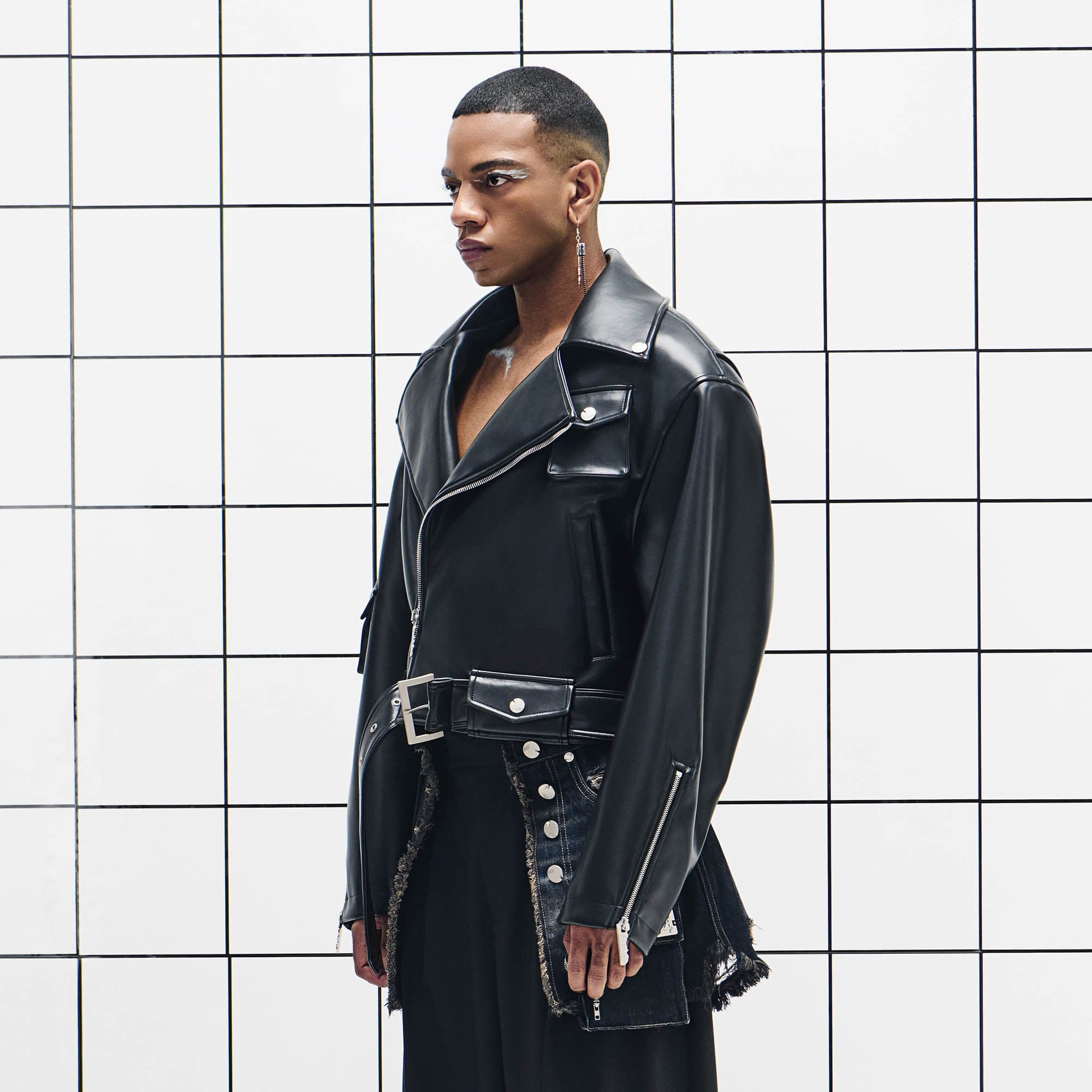 455EMBLE Asymmetrical Back-Zip Cropped PU Biker Jacket