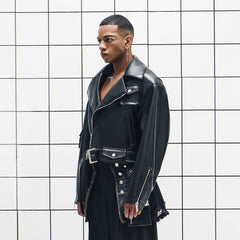 455EMBLE Asymmetrical Back-Zip Cropped PU Biker Jacket