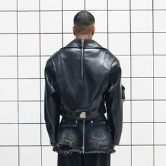 455EMBLE Asymmetrical Back-Zip Cropped PU Biker Jacket