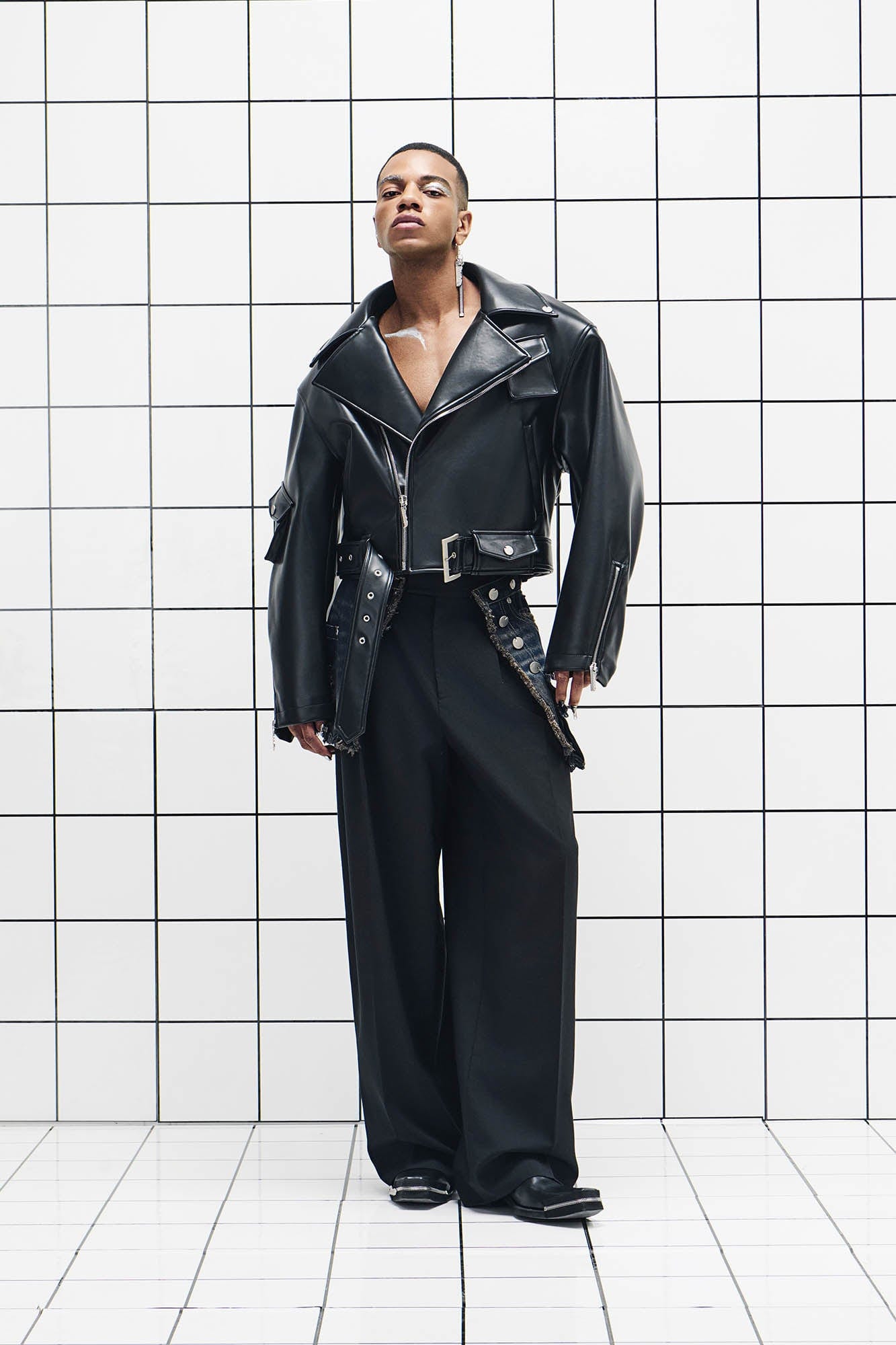 455EMBLE Asymmetrical Back-Zip Cropped PU Biker Jacket