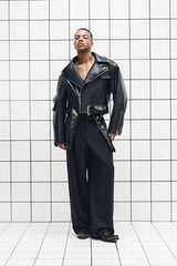 455EMBLE Asymmetrical Back-Zip Cropped PU Biker Jacket