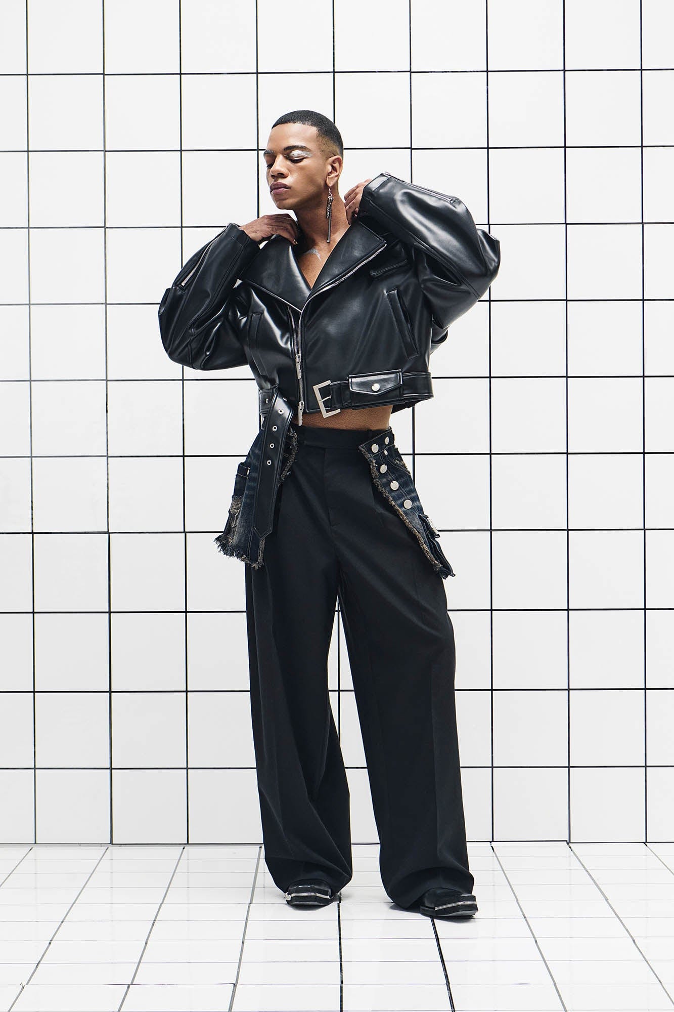 455EMBLE Asymmetrical Back-Zip Cropped PU Biker Jacket