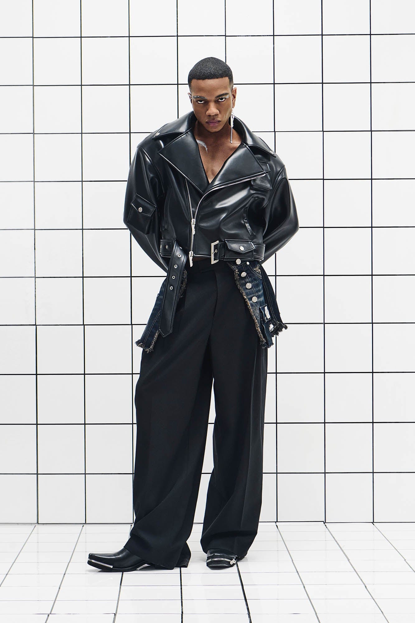455EMBLE Asymmetrical Back-Zip Cropped PU Biker Jacket