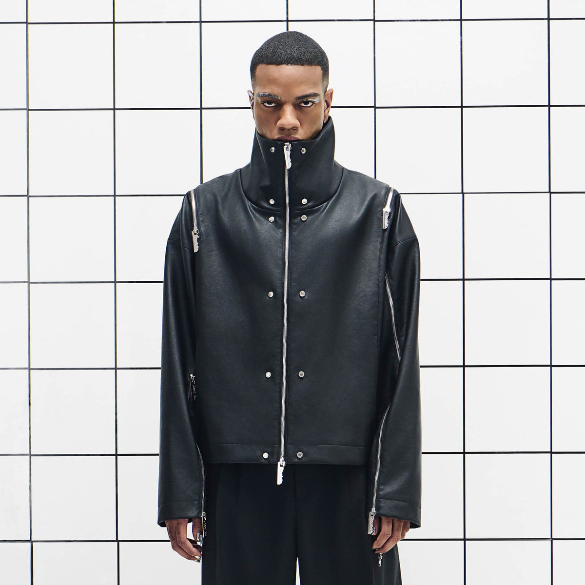 455EMBLE Multi-Zip Studded High-Collar PU Jacket
