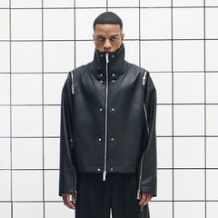 455EMBLE Multi-Zip Studded High-Collar PU Jacket