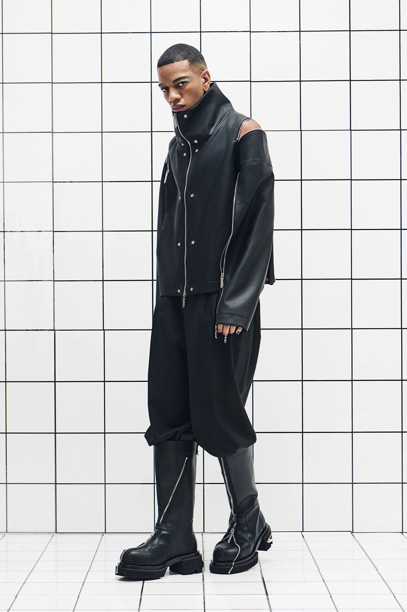 455EMBLE Multi-Zip Studded High-Collar PU Jacket