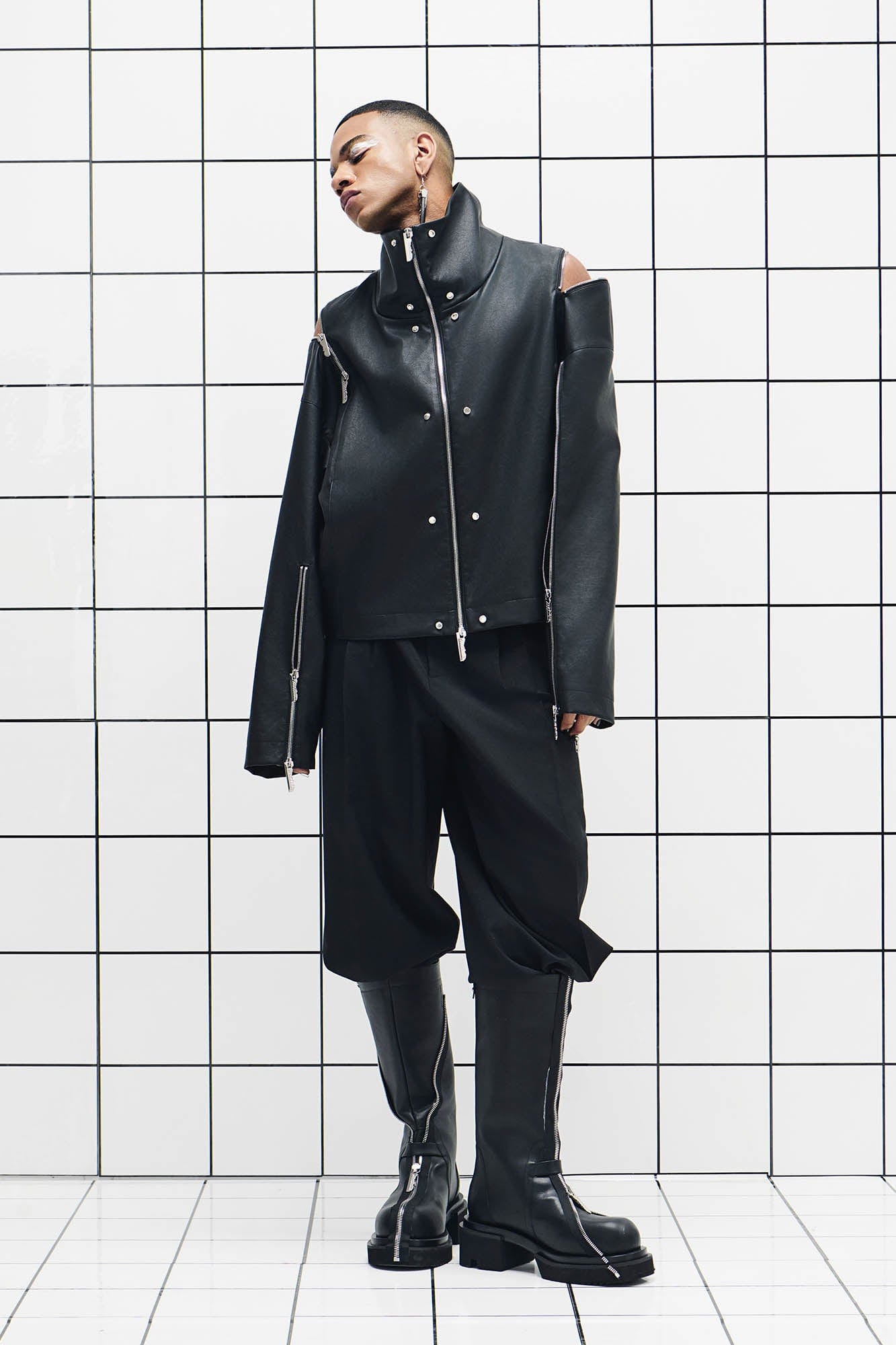 455EMBLE Multi-Zip Studded High-Collar PU Jacket