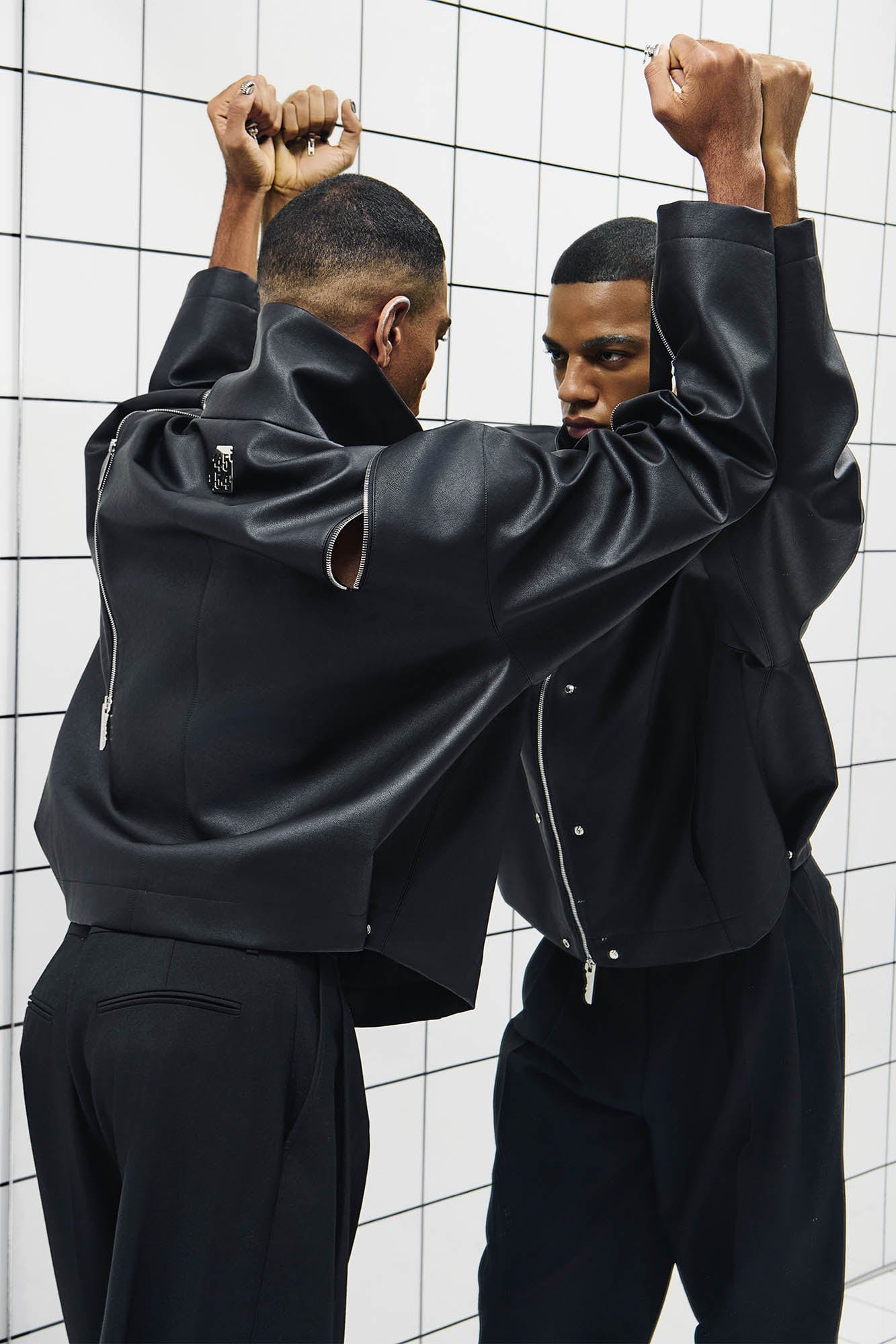 455EMBLE Multi-Zip Studded High-Collar PU Jacket