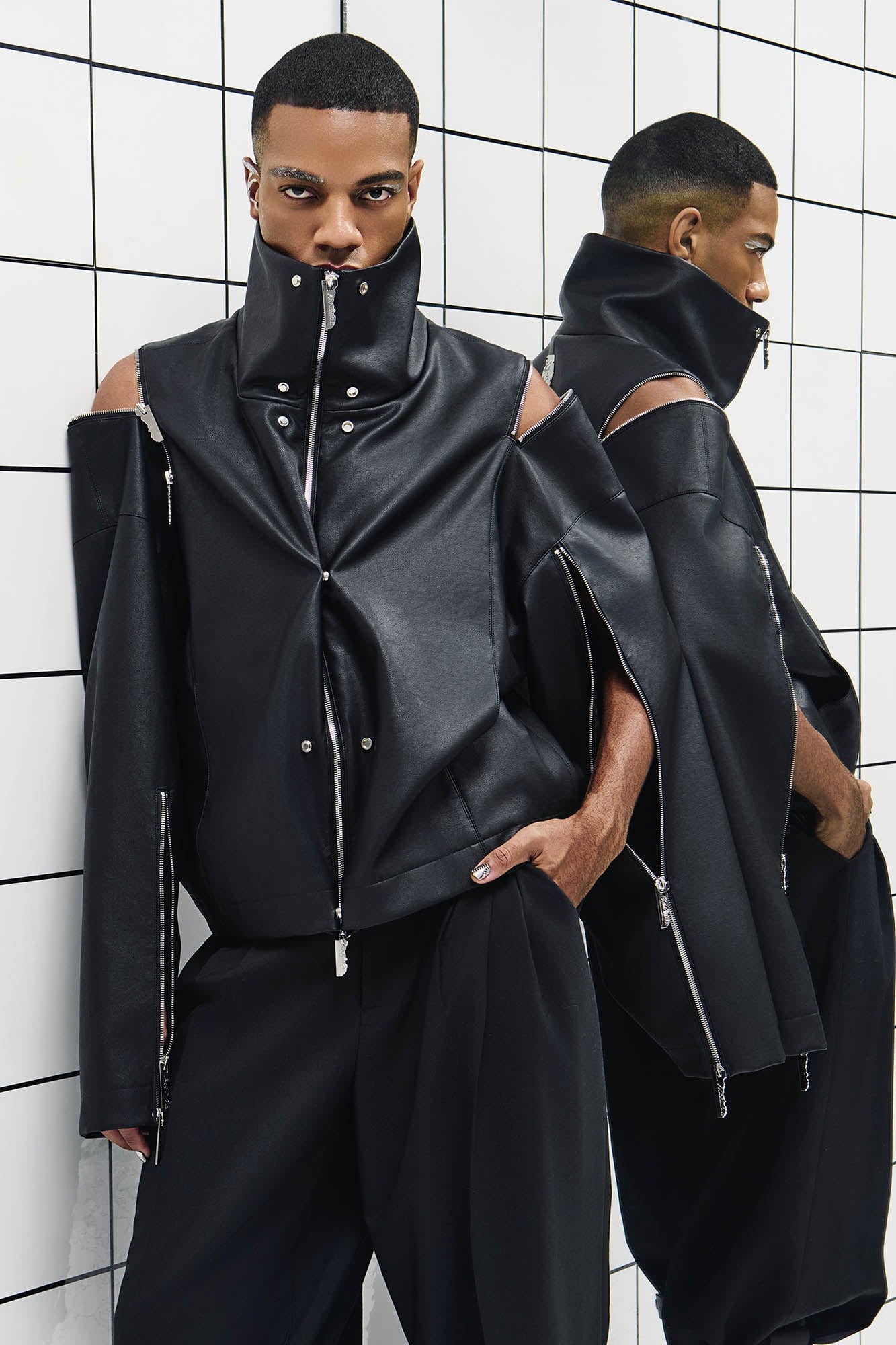 455EMBLE Multi-Zip Studded High-Collar PU Jacket