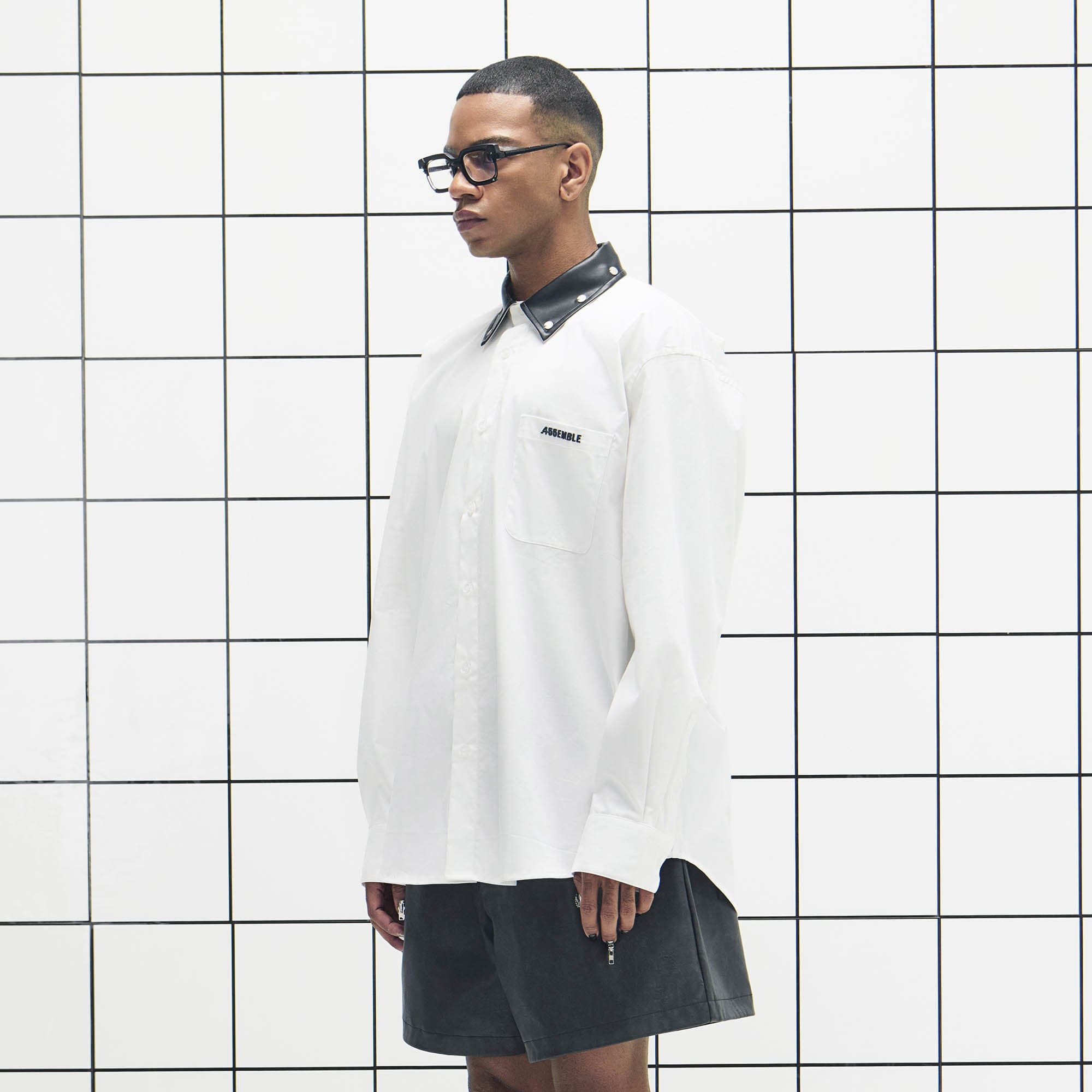 455EMBLE Faux Leather Collar Snap-Fastener Shirt