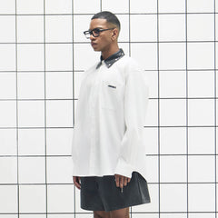 455EMBLE Faux Leather Collar Snap-Fastener Shirt