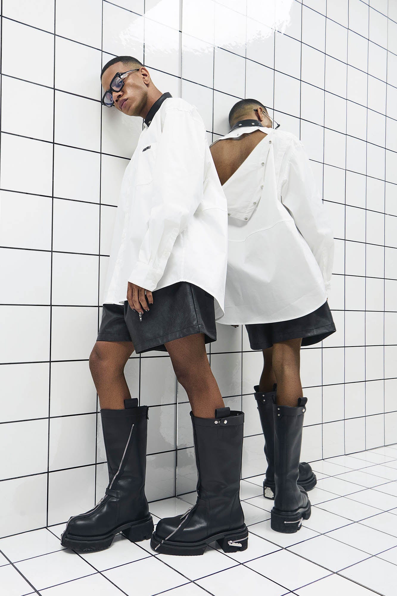 455EMBLE Faux Leather Collar Snap-Fastener Shirt