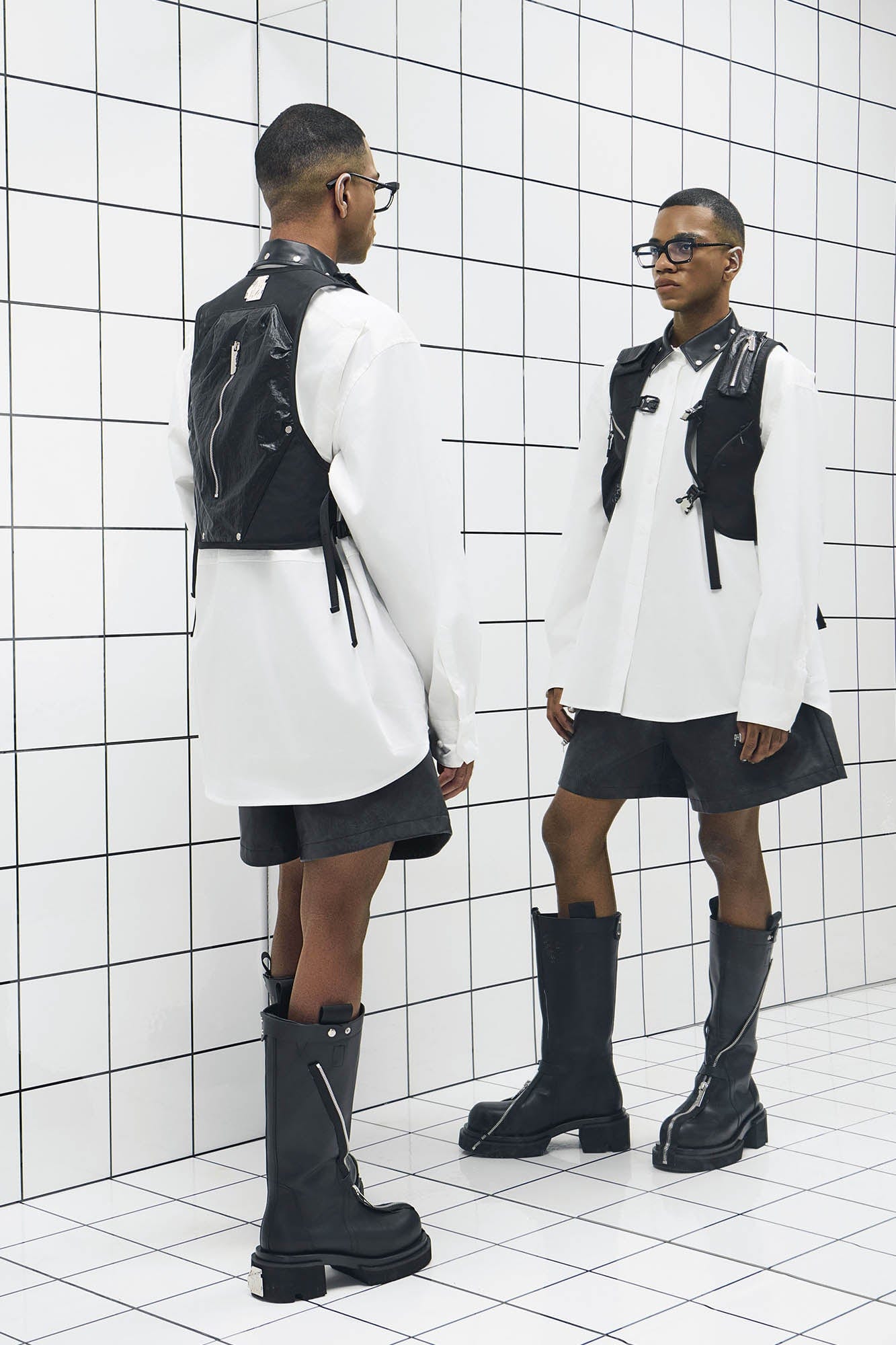 455EMBLE Faux Leather Collar Snap-Fastener Shirt