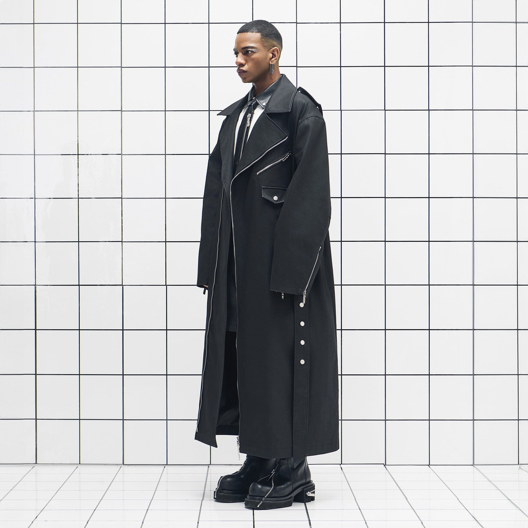 455EMBLE Snap-Fastener PU Trench Coat