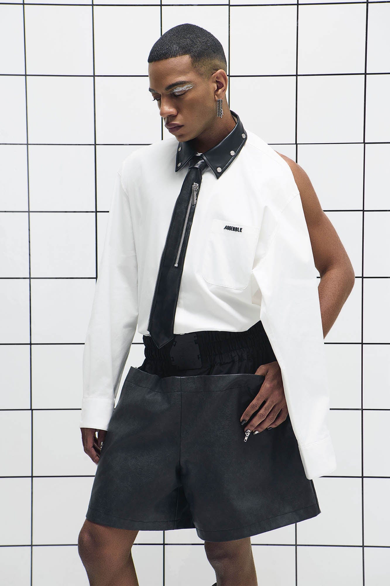 455EMBLE Faux Leather Collar Snap-Fastener Shirt
