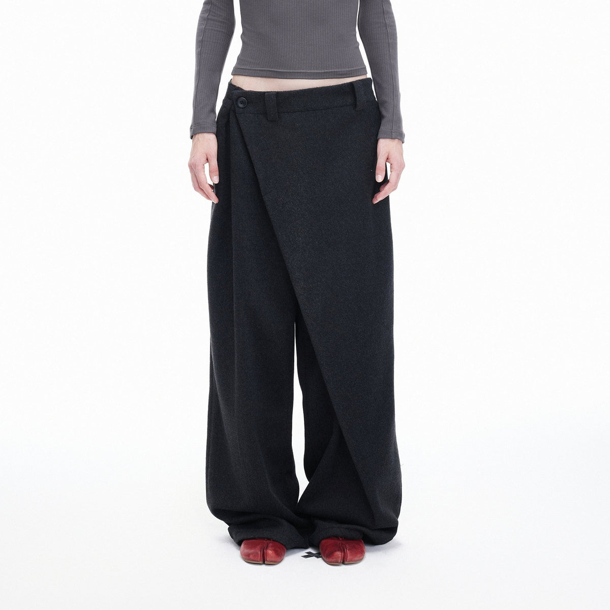 ARTIFICIAL WORLD Asymmetrical Overlay Wool Wide-Leg Pants