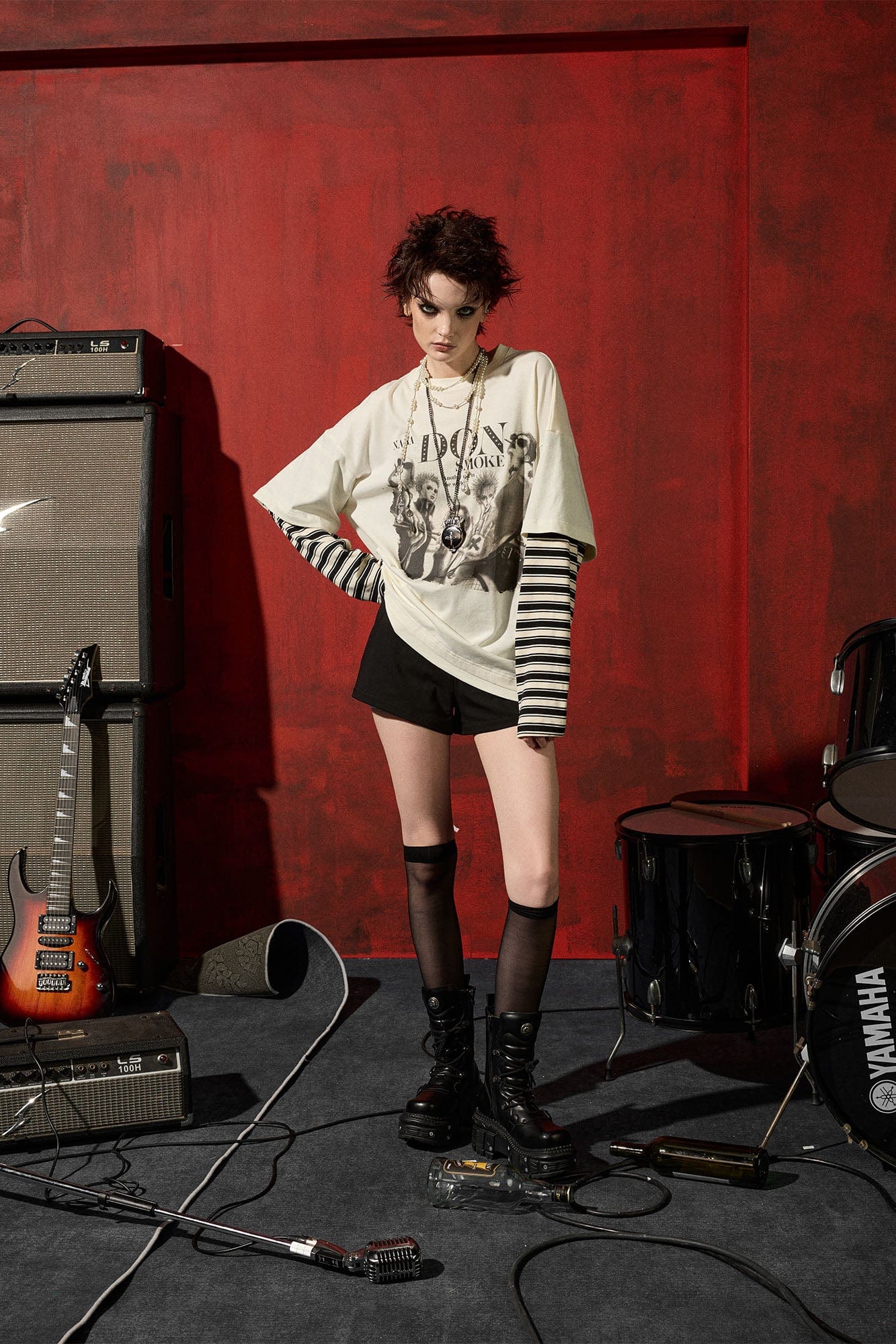 DONSMOKE×NANA Punk Striped Layered Long-Sleeve Tee