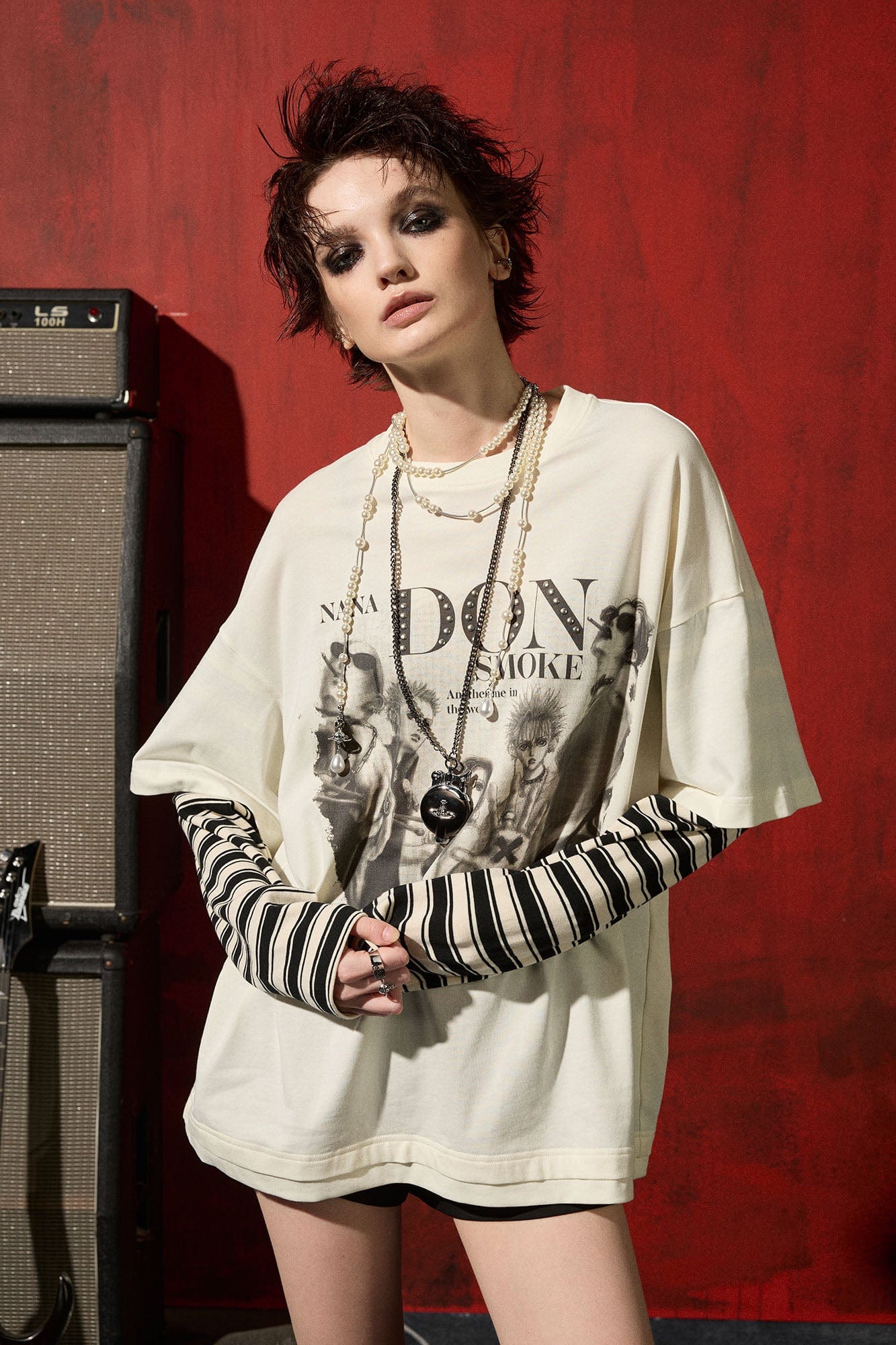 DONSMOKE×NANA Punk Striped Layered Long-Sleeve Tee
