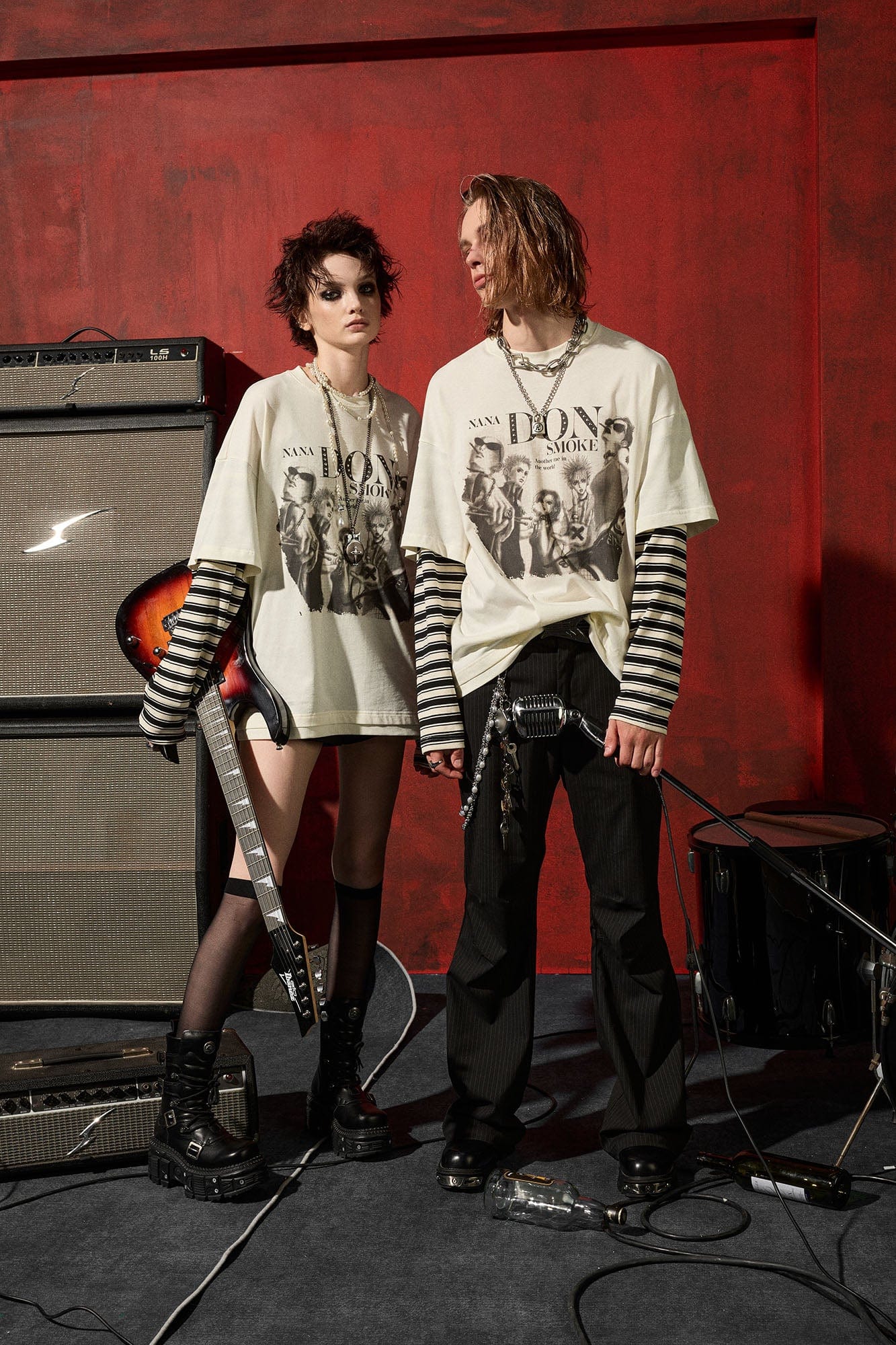 DONSMOKE×NANA Punk Striped Layered Long-Sleeve Tee