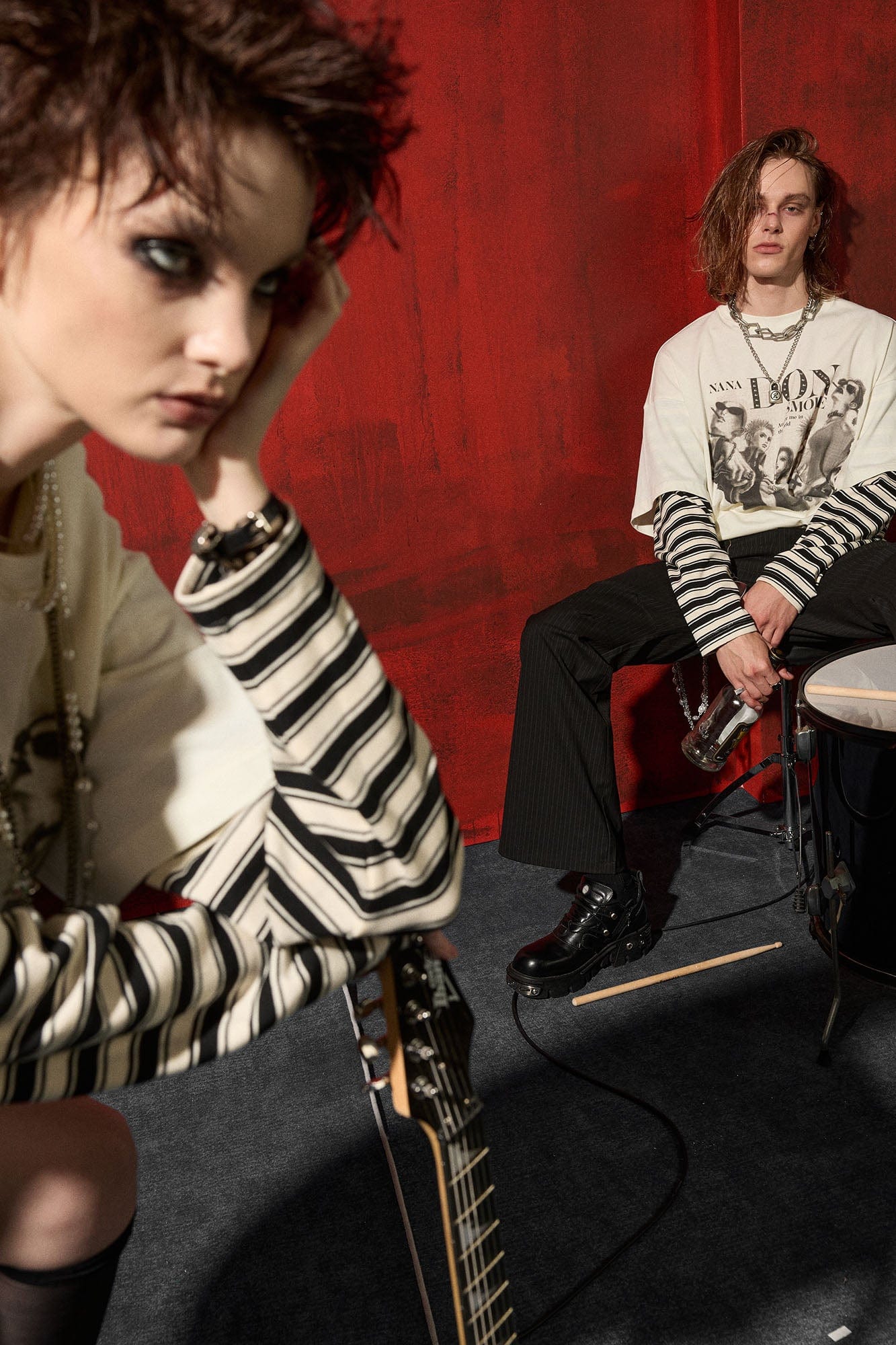 DONSMOKE×NANA Punk Striped Layered Long-Sleeve Tee