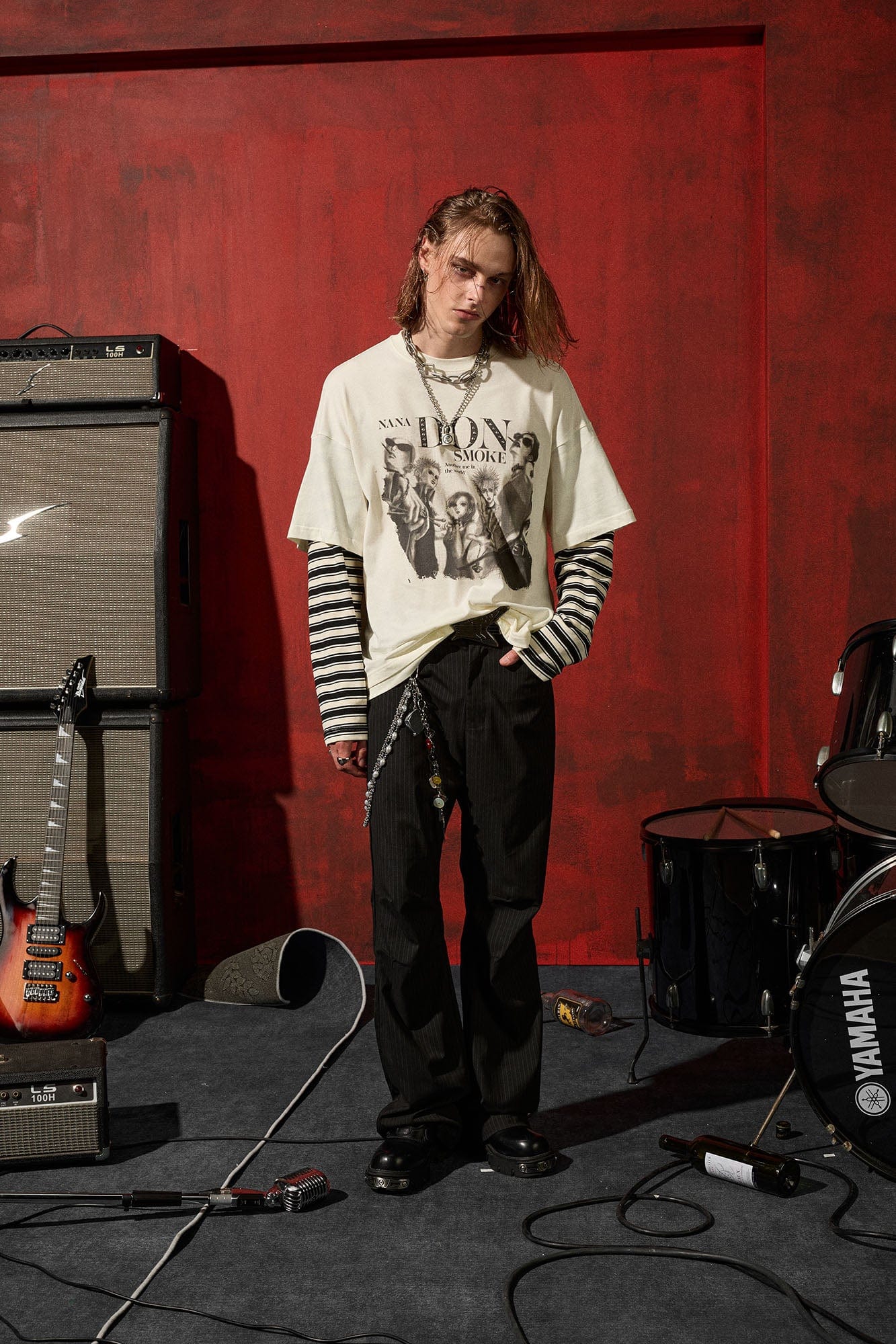 DONSMOKE×NANA Punk Striped Layered Long-Sleeve Tee