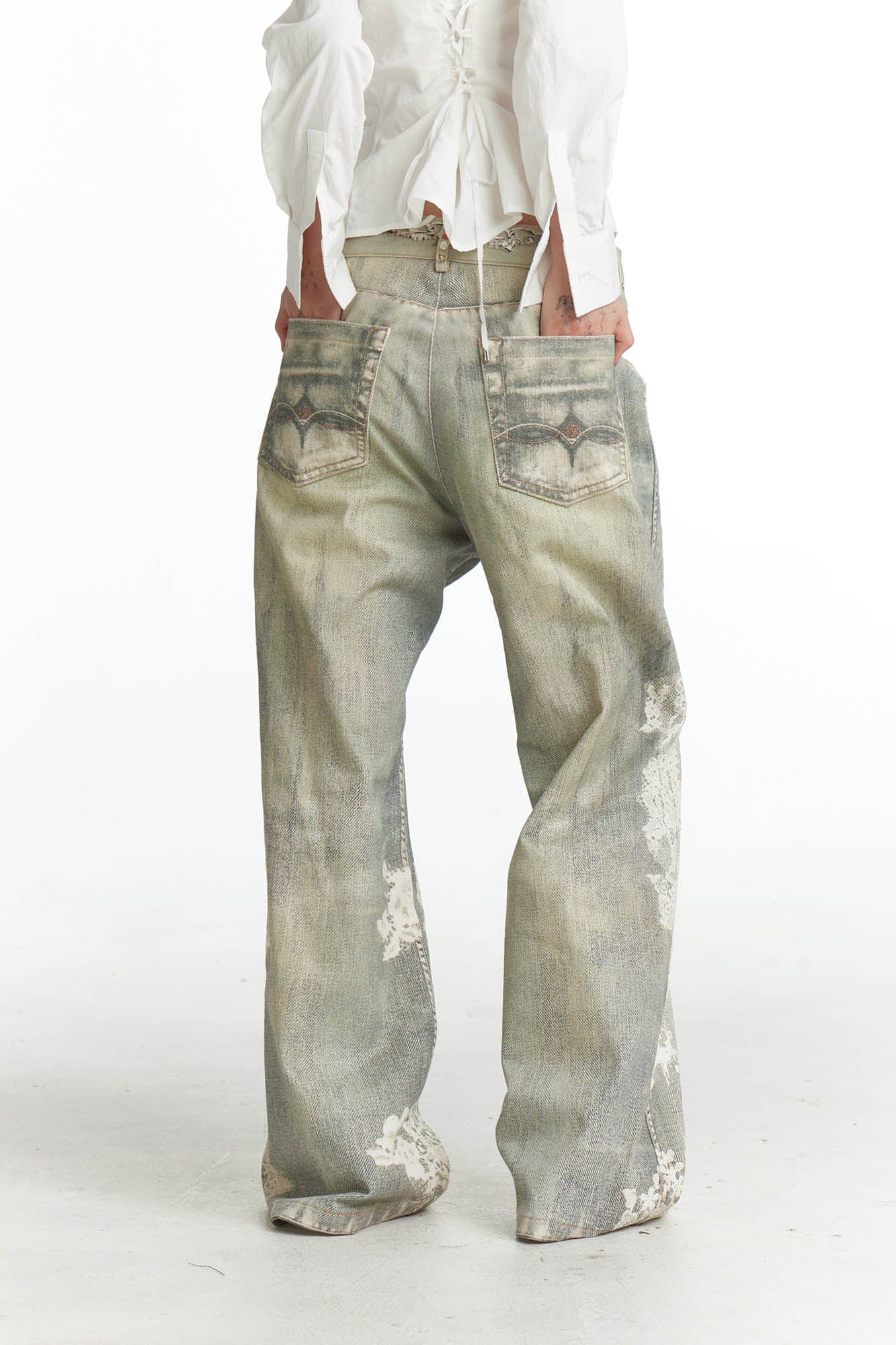 DND4DES×Faychui Distressed Gem&Lace Jeans