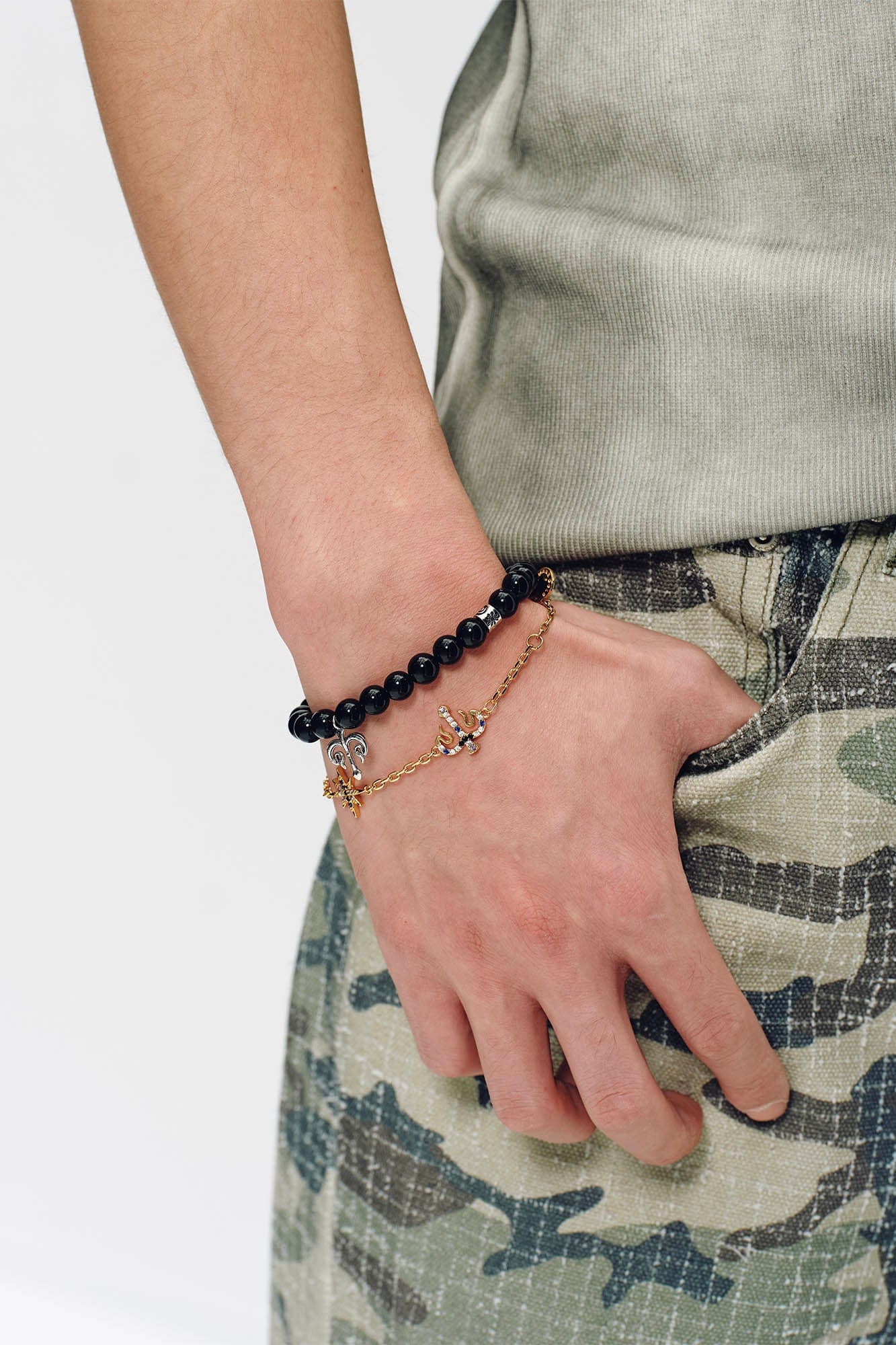SCHWARZGOLD Trident Obsidian Beaded Bracelet
