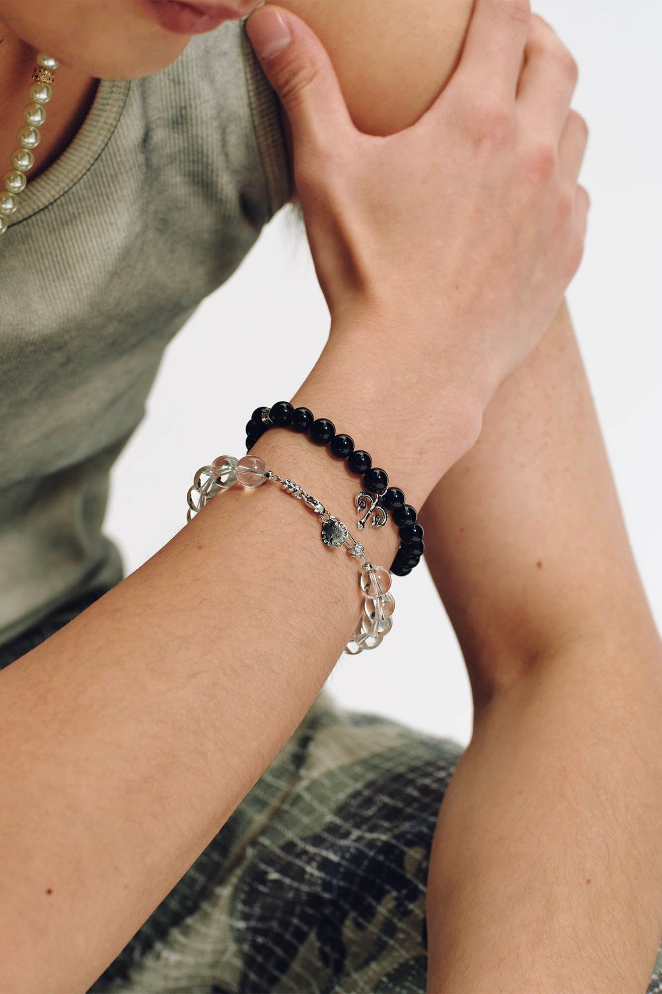 SCHWARZGOLD Trident Obsidian Beaded Bracelet