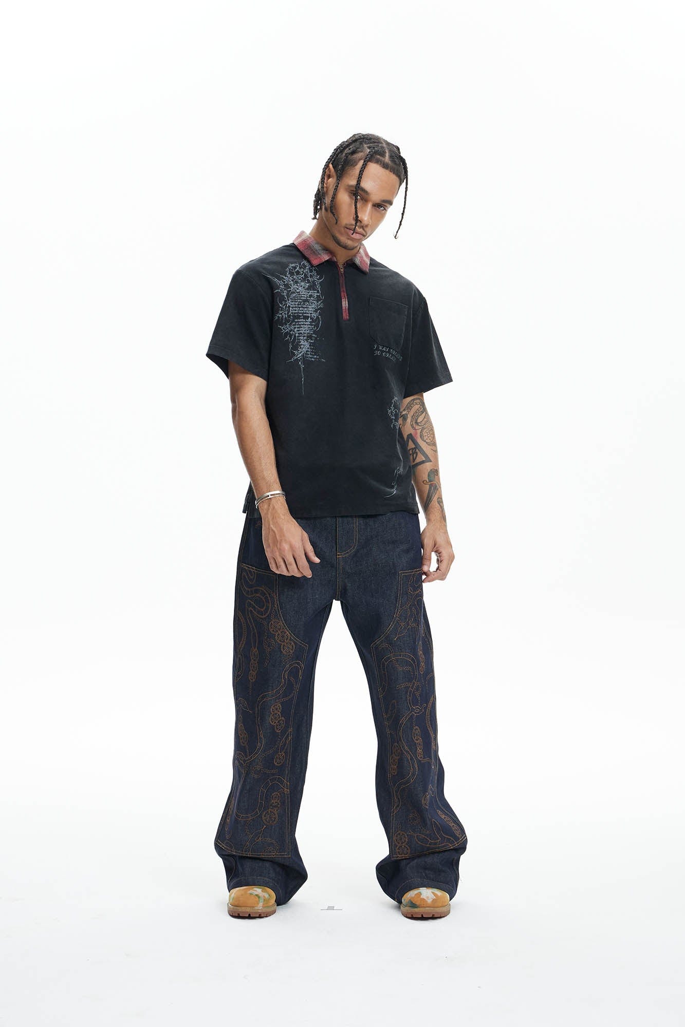 DND4DES Gothic Graphic Plaid-Collar Polo T-Shirt