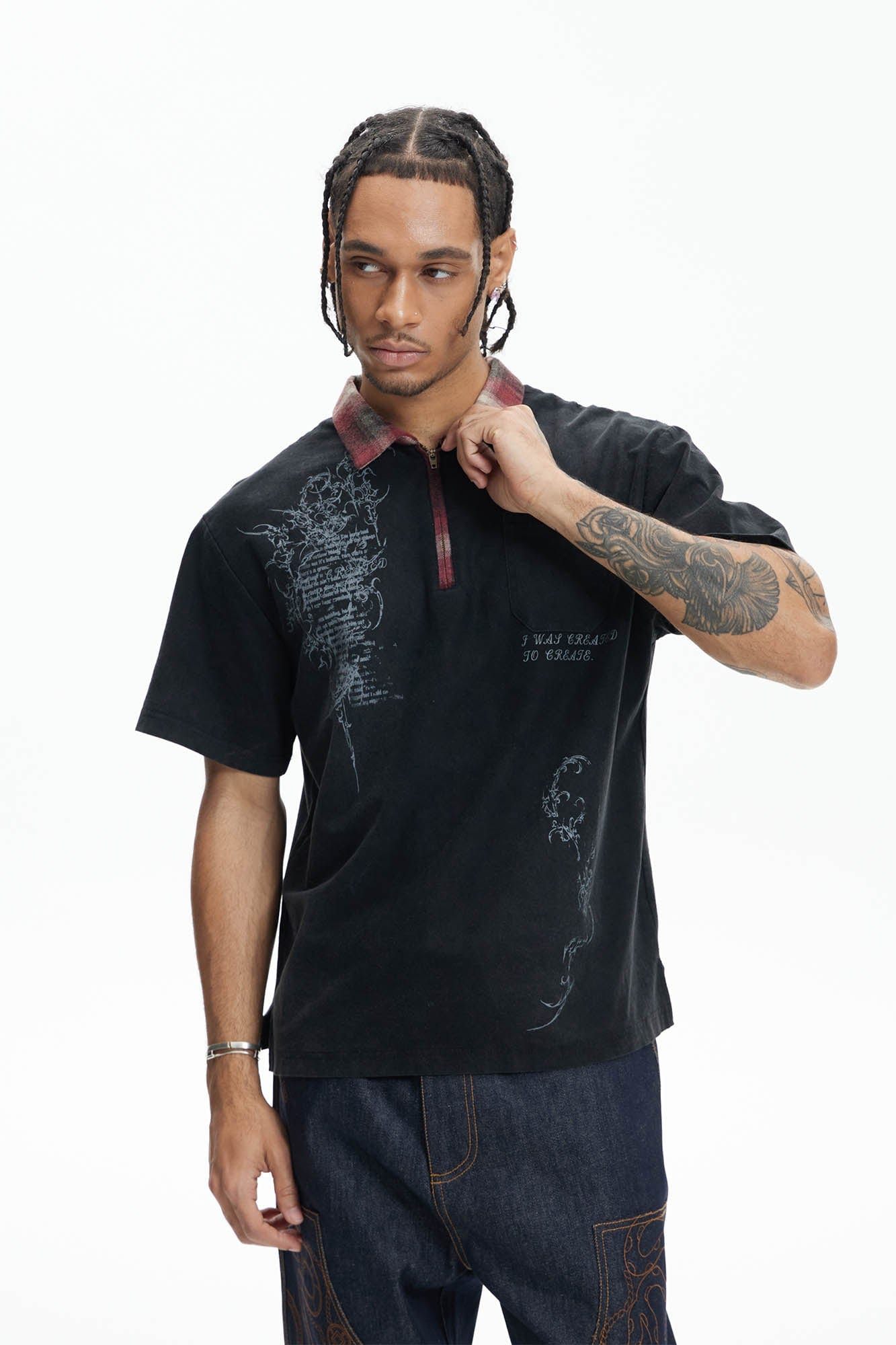 DND4DES Gothic Graphic Plaid-Collar Polo T-Shirt