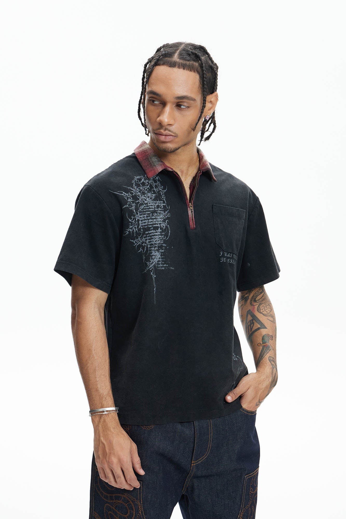 DND4DES Gothic Graphic Plaid-Collar Polo T-Shirt