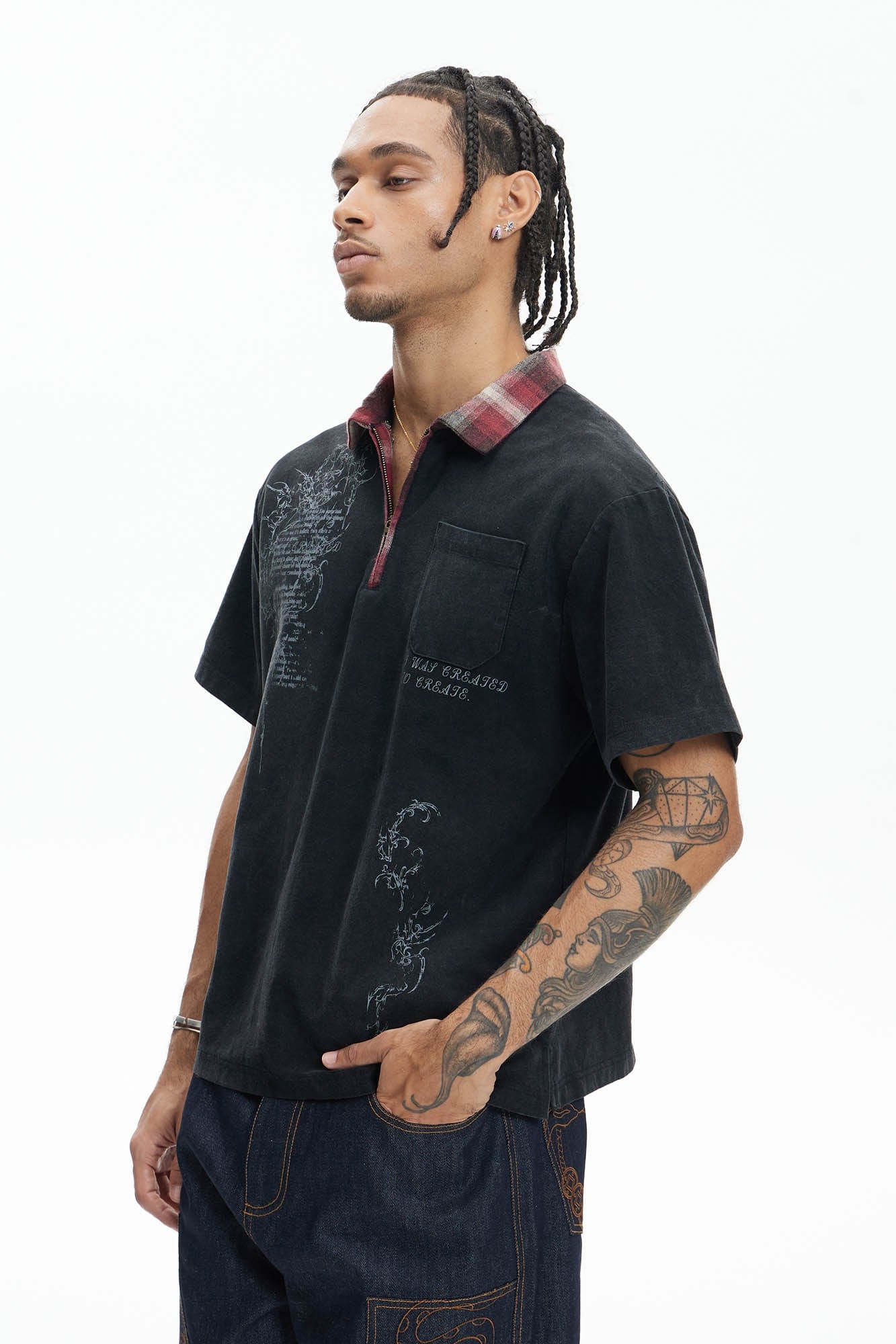 DND4DES Gothic Graphic Plaid-Collar Polo T-Shirt