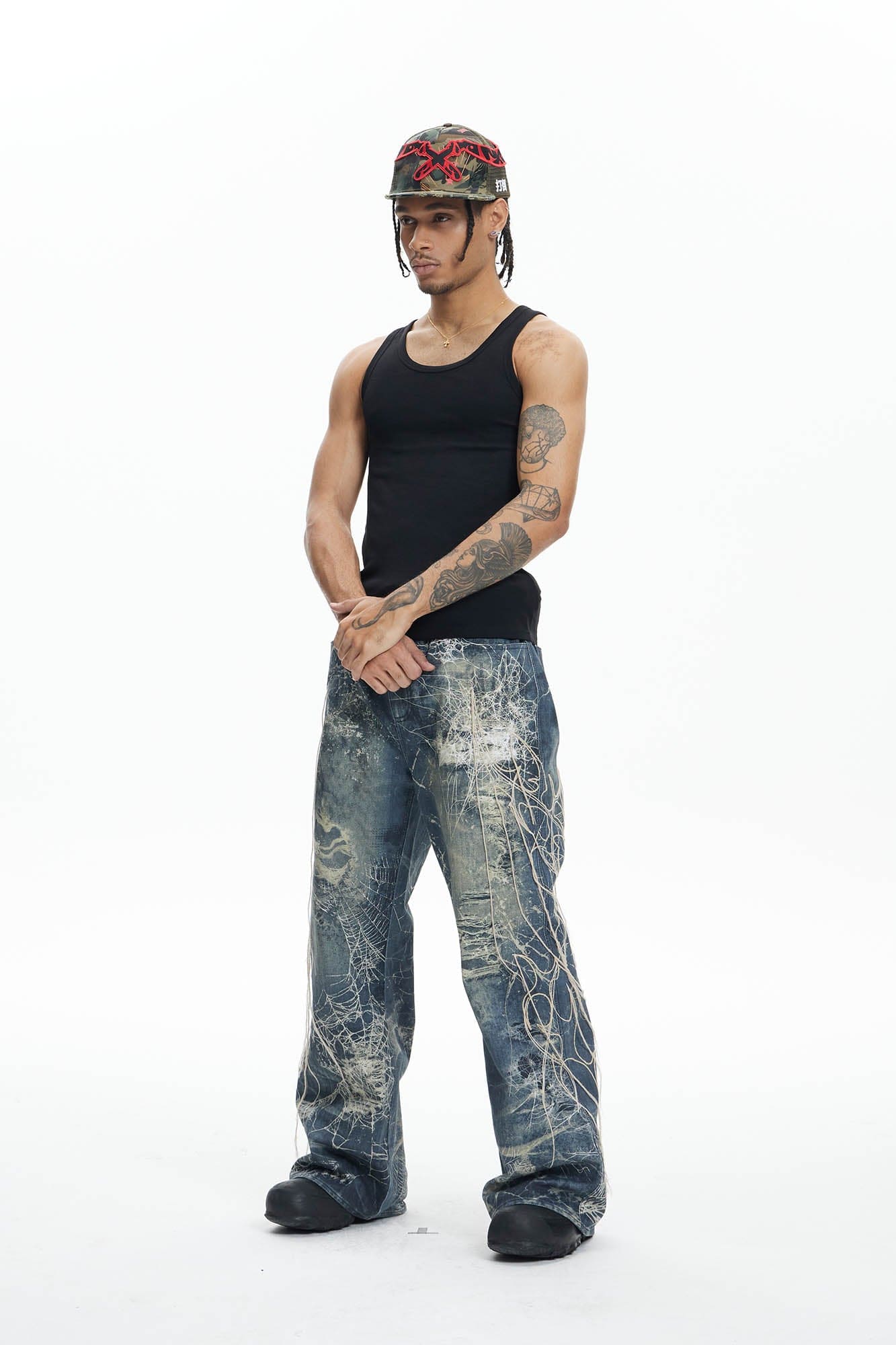 DND4DES Distressed Spider Web Embroidered Jeans