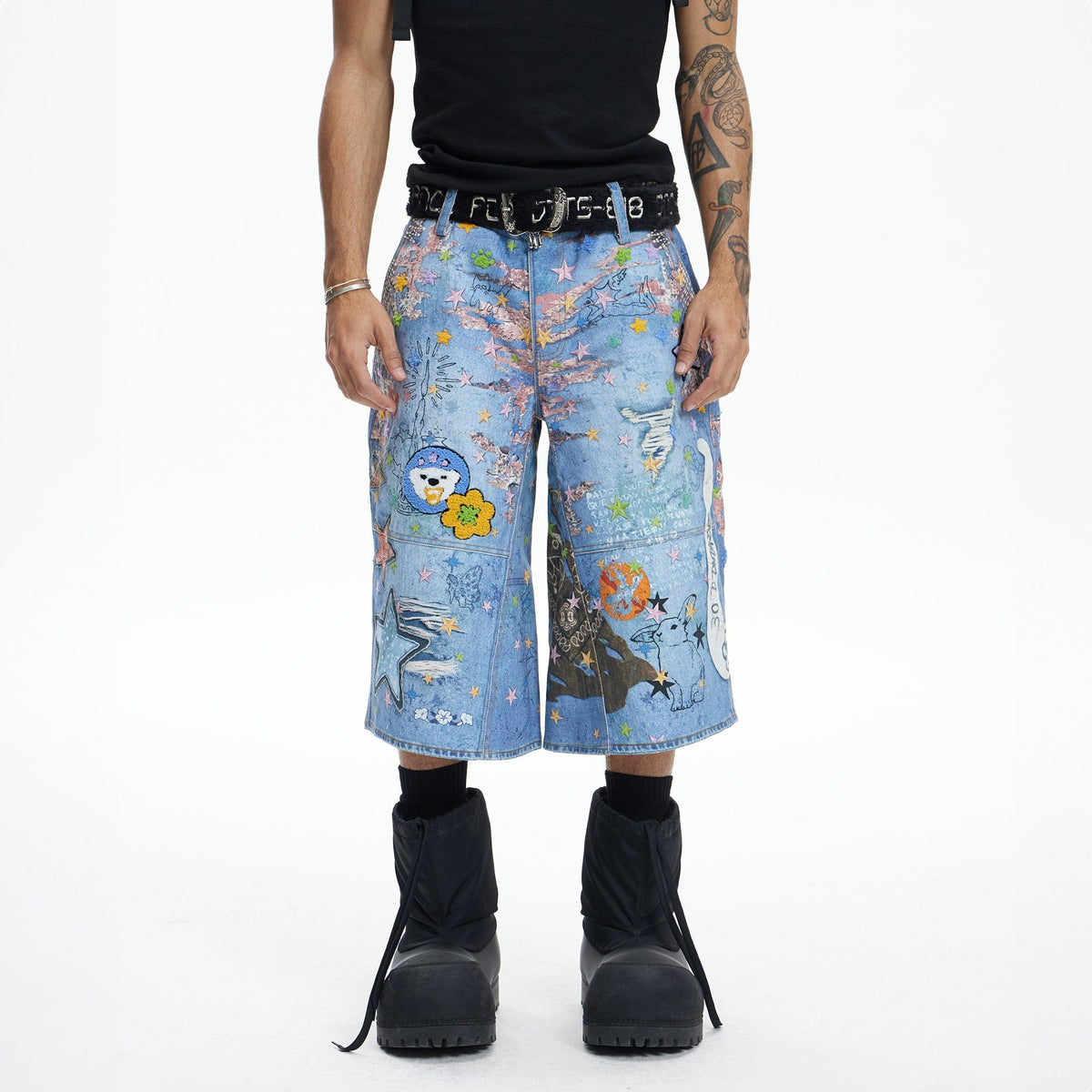 DND4DES Star Graffiti Patchwork Cartoon Denim Oversized Shorts