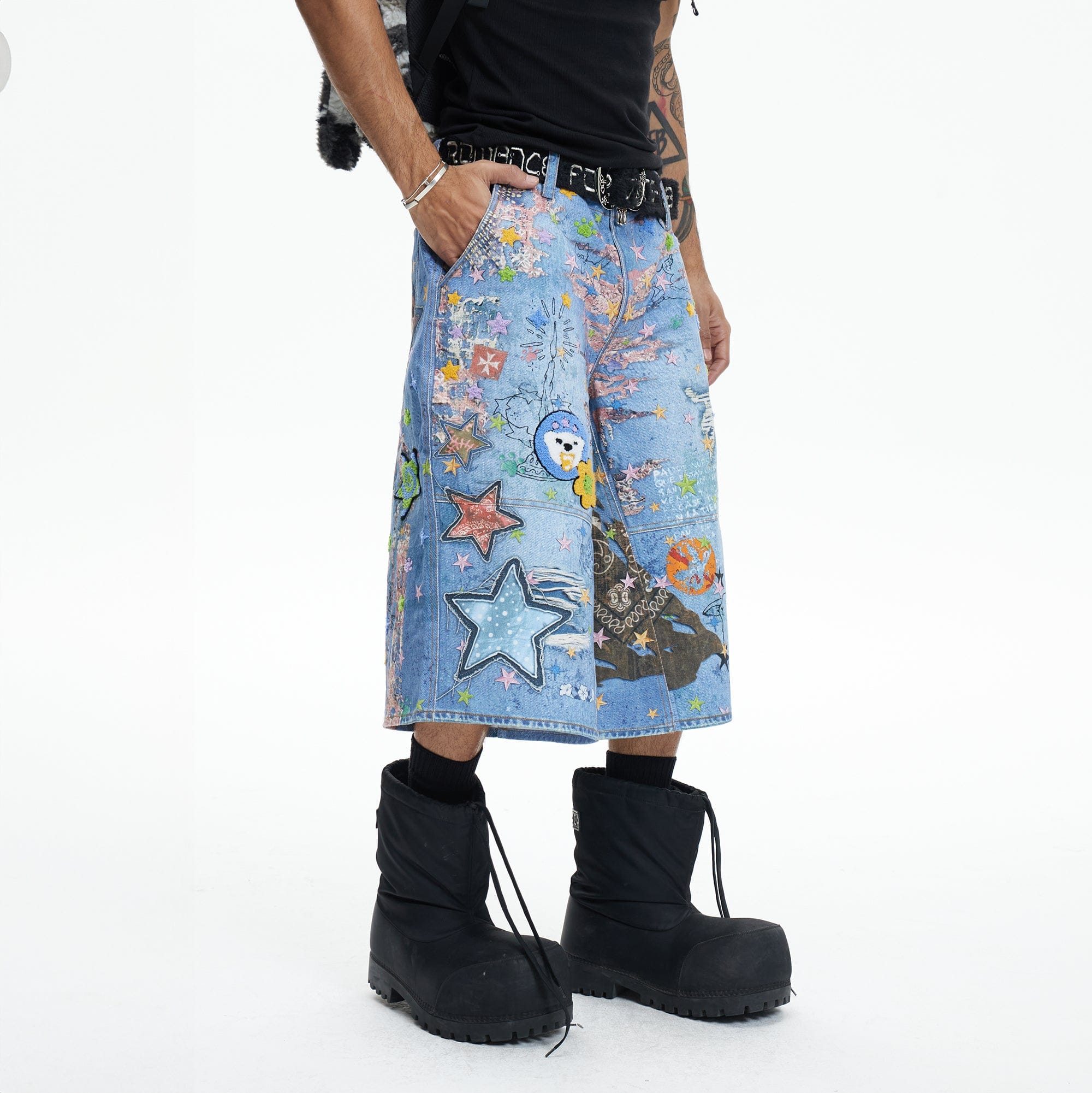 DND4DES Star Graffiti Patchwork Cartoon Denim Oversized Shorts