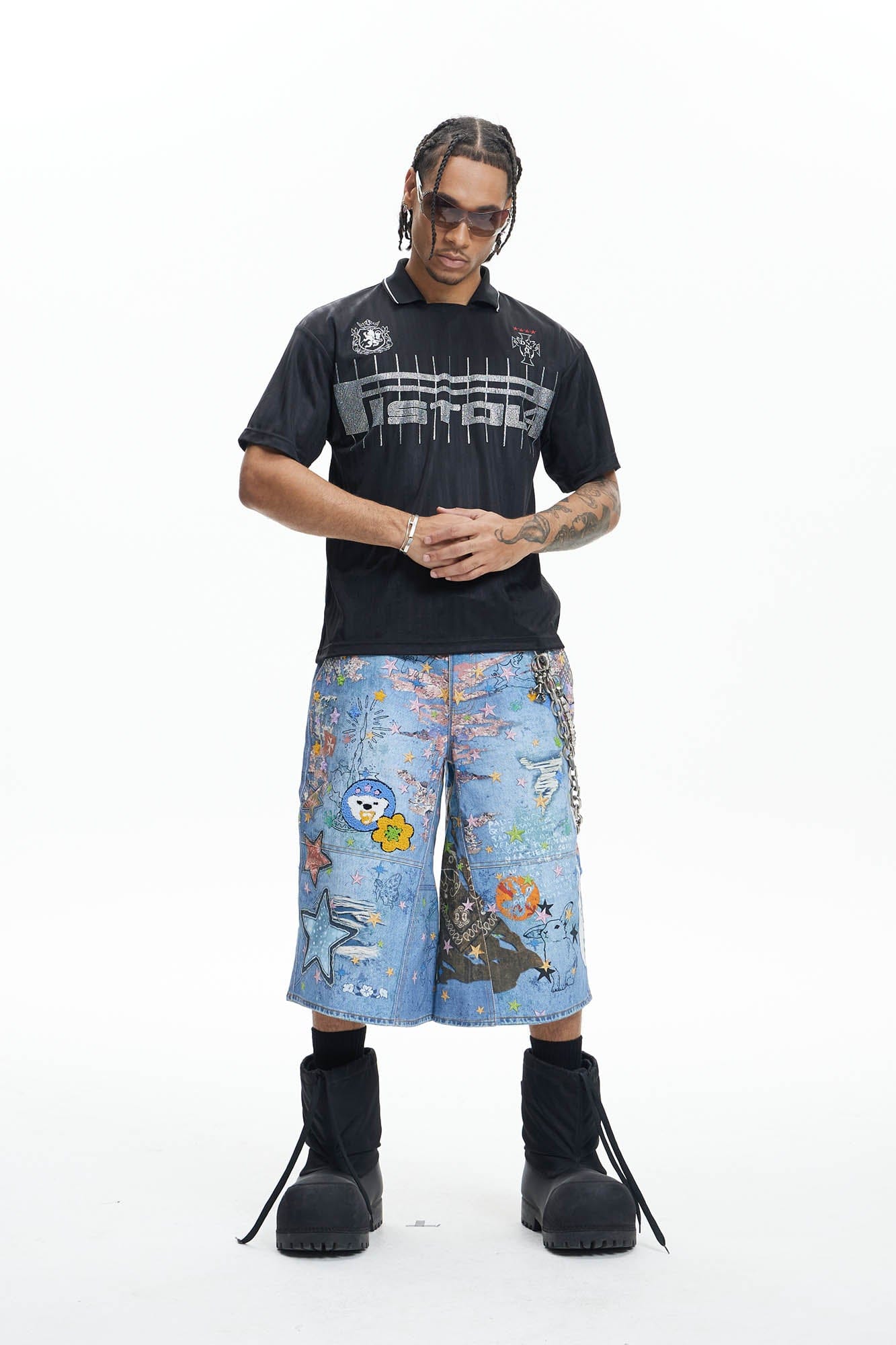 DND4DES Star Graffiti Patchwork Cartoon Denim Oversized Shorts