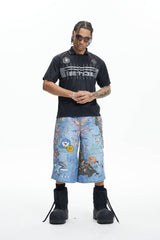 DND4DES Star Graffiti Patchwork Cartoon Denim Oversized Shorts