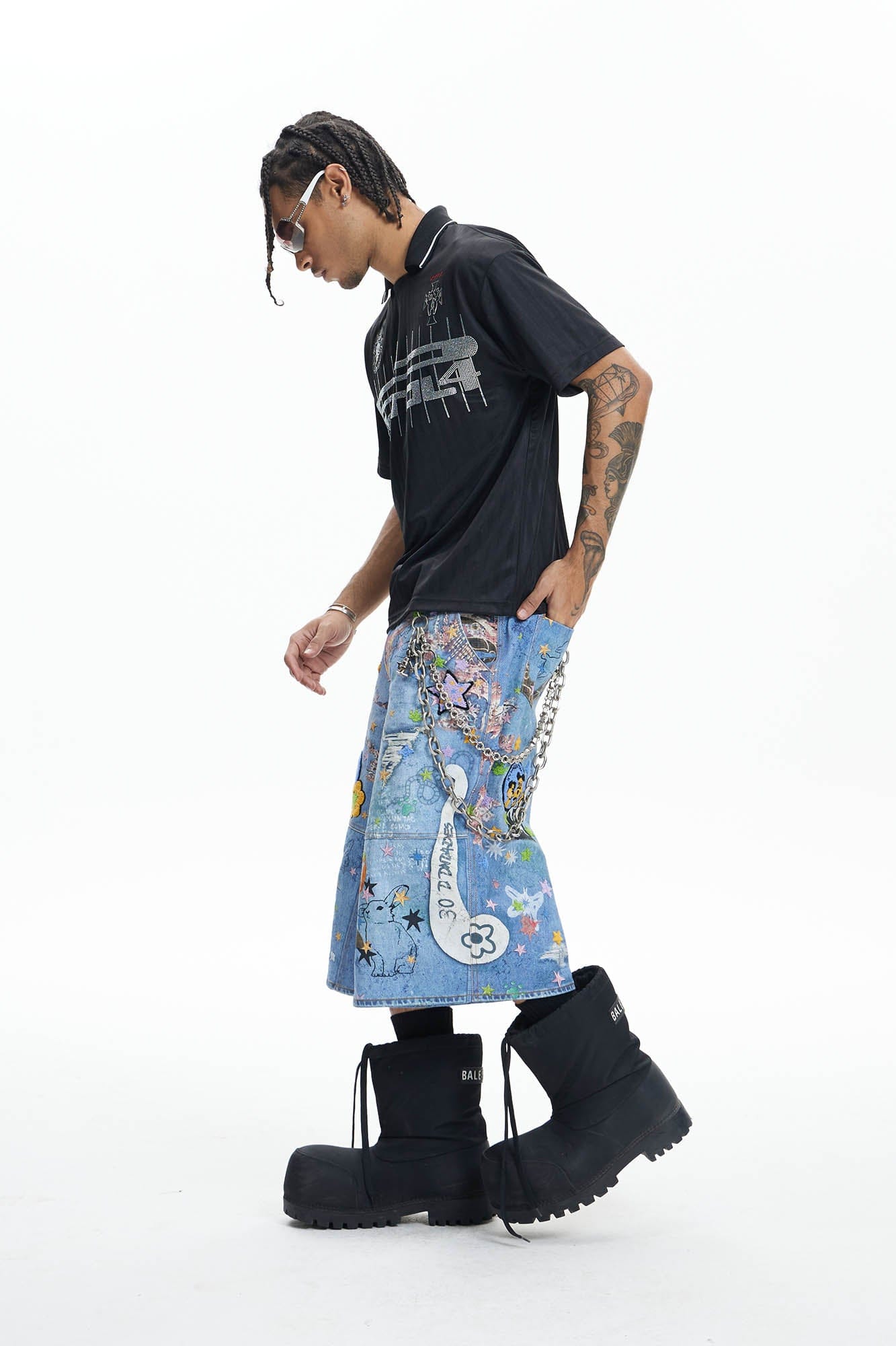 DND4DES Star Graffiti Patchwork Cartoon Denim Oversized Shorts