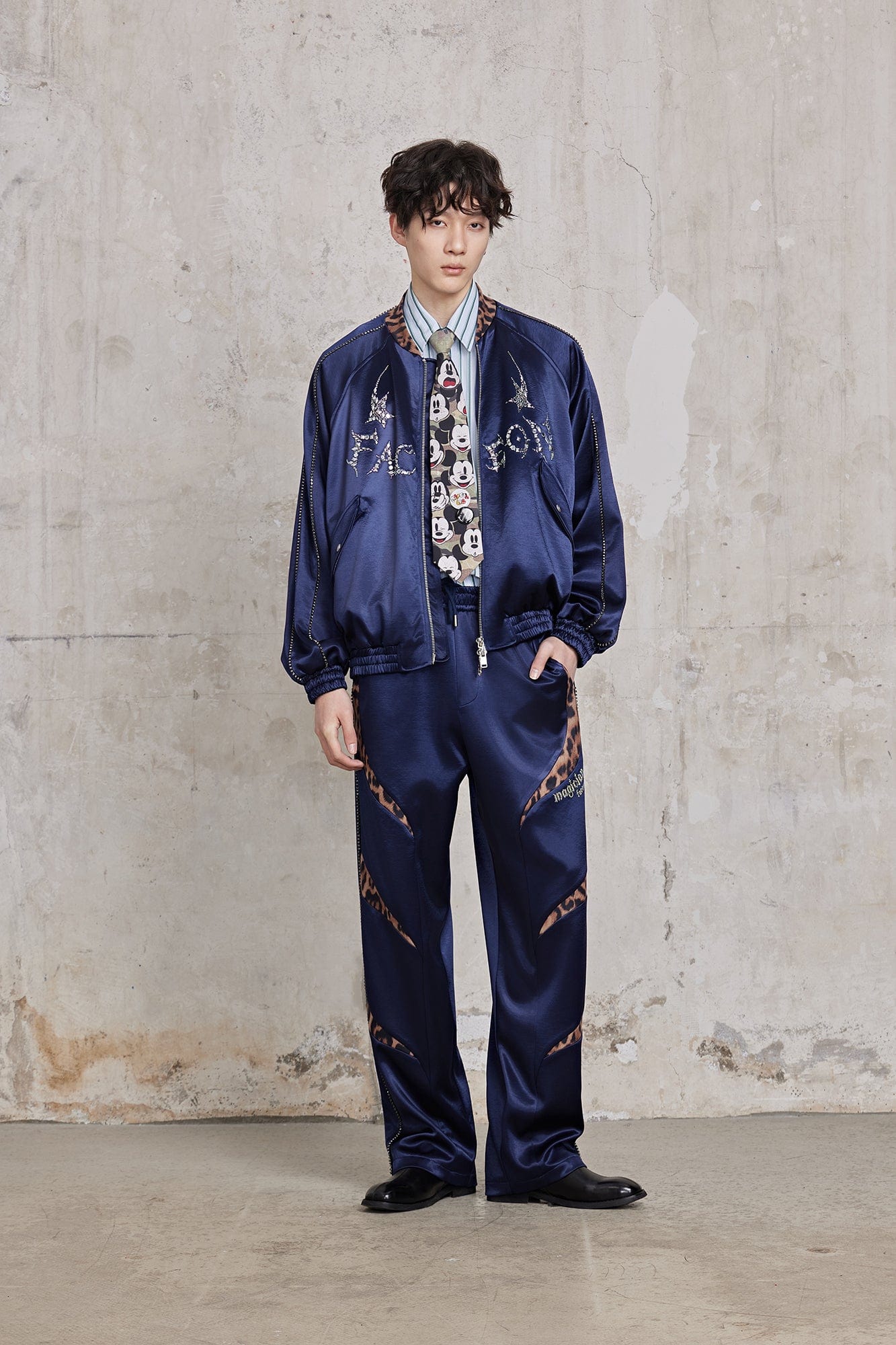 FACEONLAB Diamond Leopard-Spliced Satin Pants