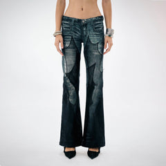 DND4DES×Faychui Mesh-Panelled Washed Flared Jeans