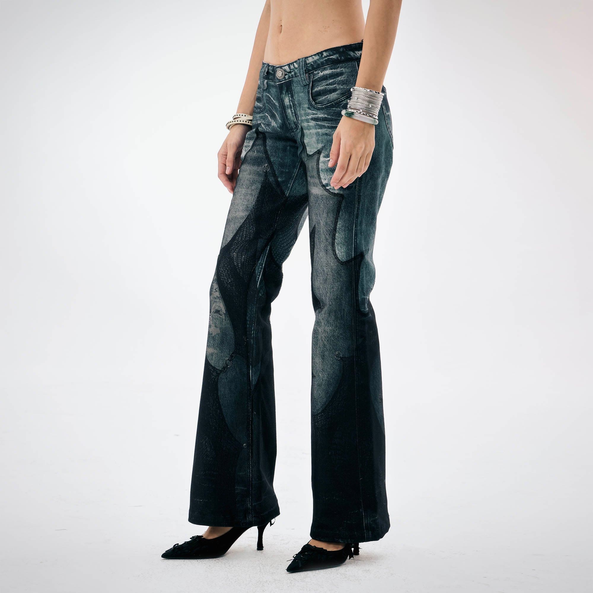 DND4DES×Faychui Mesh-Panelled Washed Flared Jeans