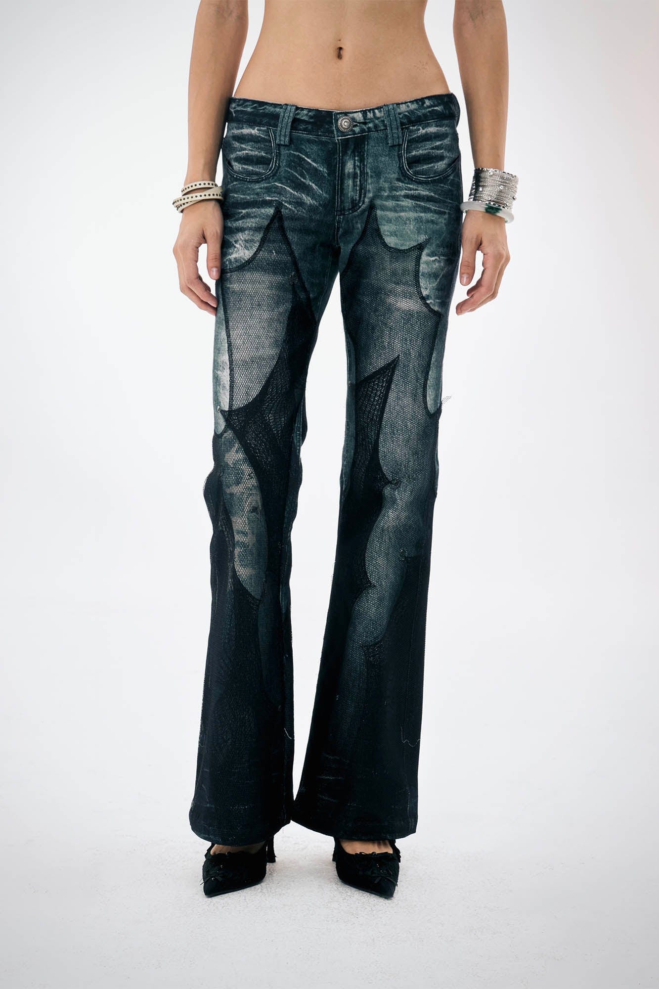 DND4DES×Faychui Mesh-Panelled Washed Flared Jeans