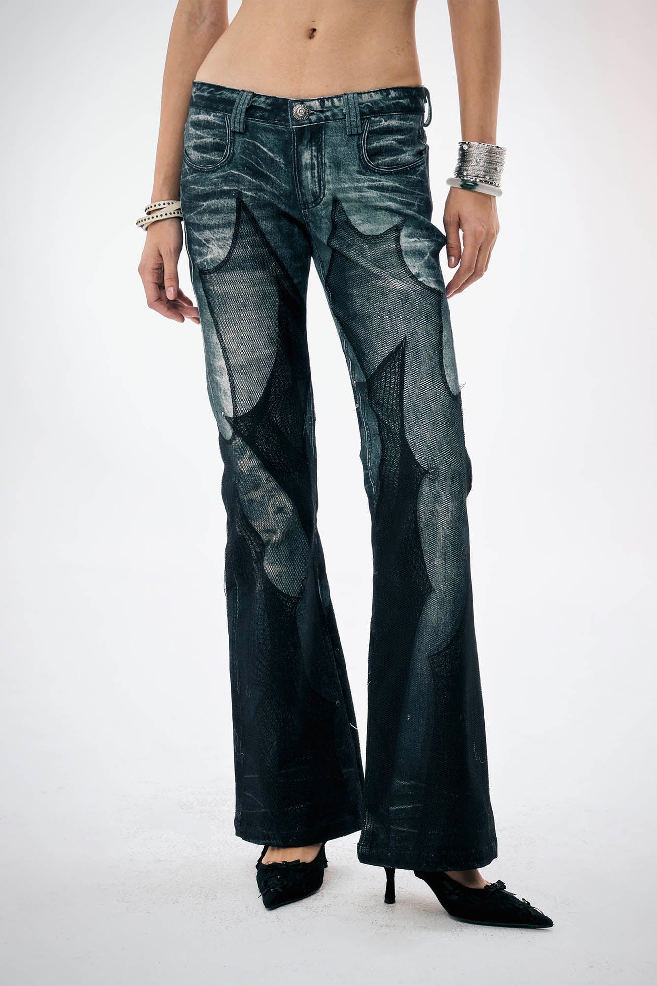 DND4DES×Faychui Mesh-Panelled Washed Flared Jeans